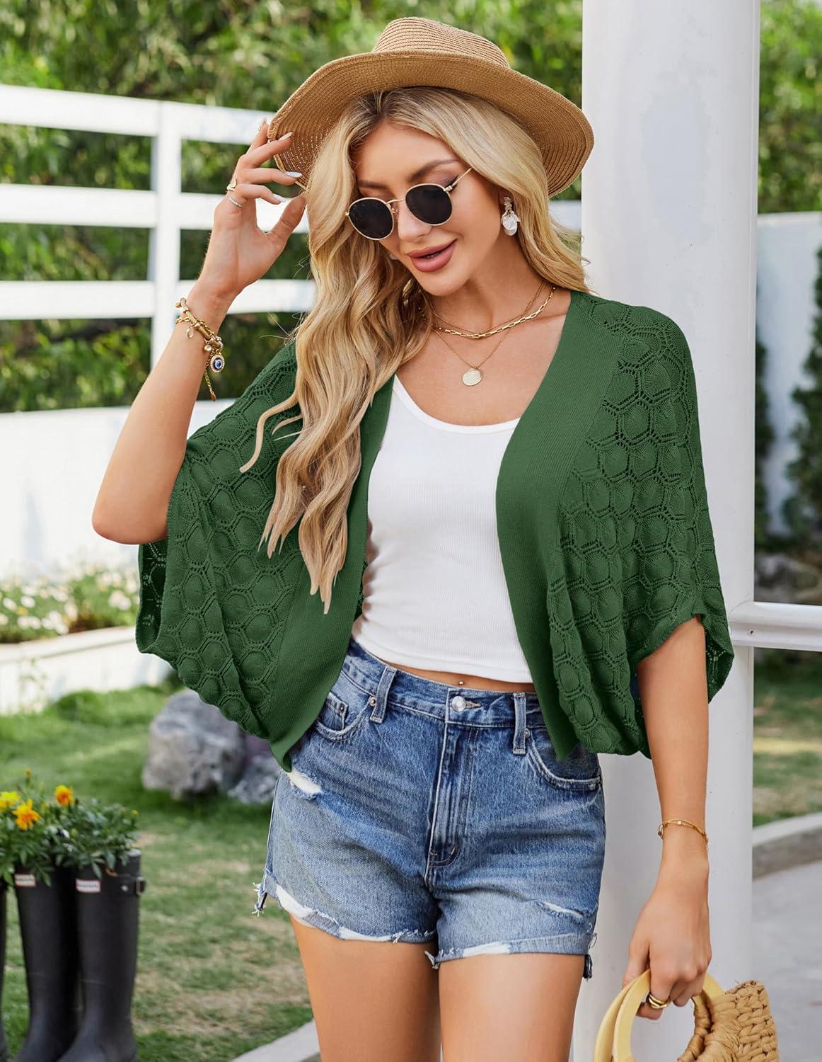 imageGRACE KARIN Womens Crochet Summer Cardigan Shrug 2025 Lightweight Open Front Hollowout Batwing Cardigan Sweater OutwearArmy Green