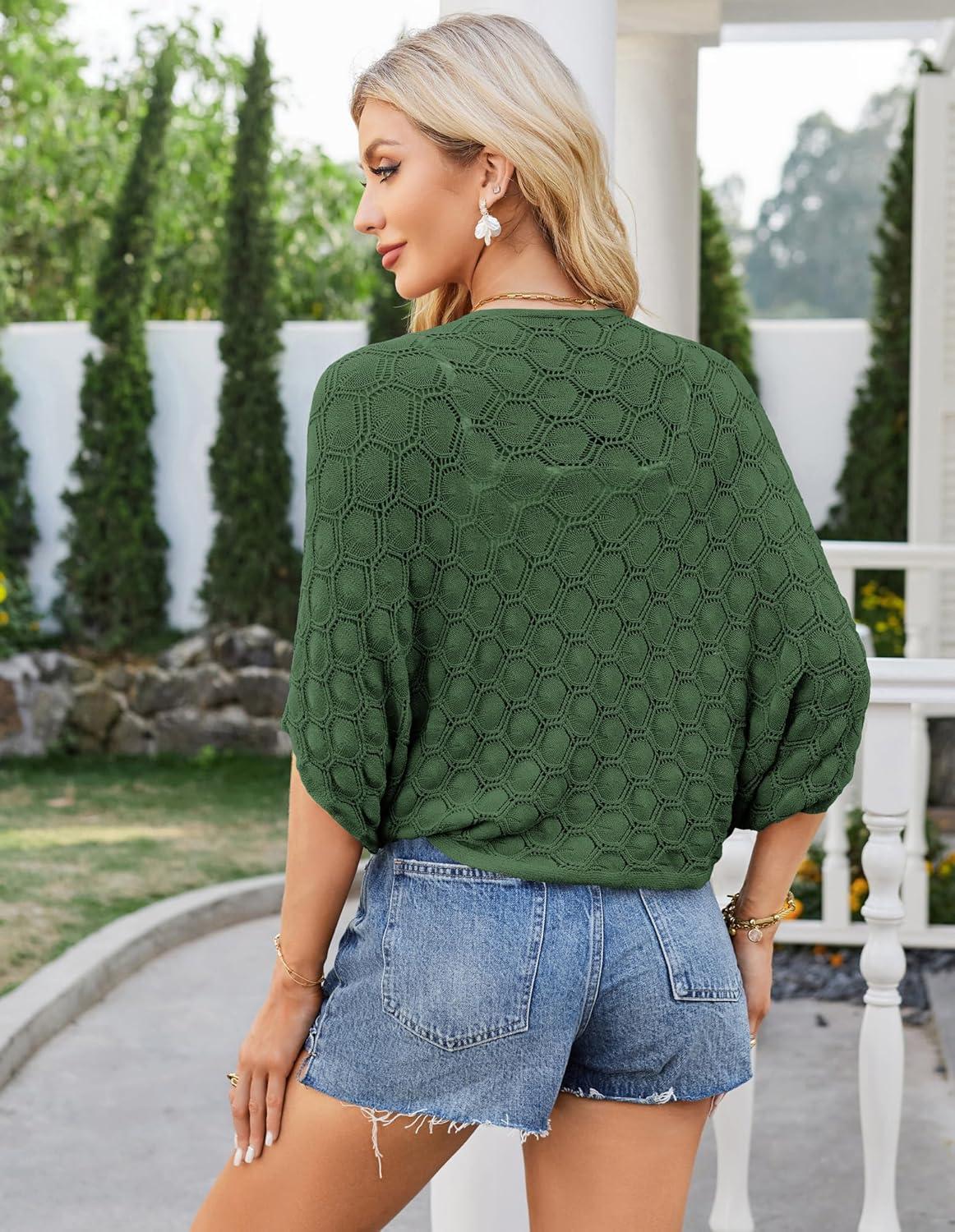imageGRACE KARIN Womens Crochet Summer Cardigan Shrug 2025 Lightweight Open Front Hollowout Batwing Cardigan Sweater OutwearArmy Green