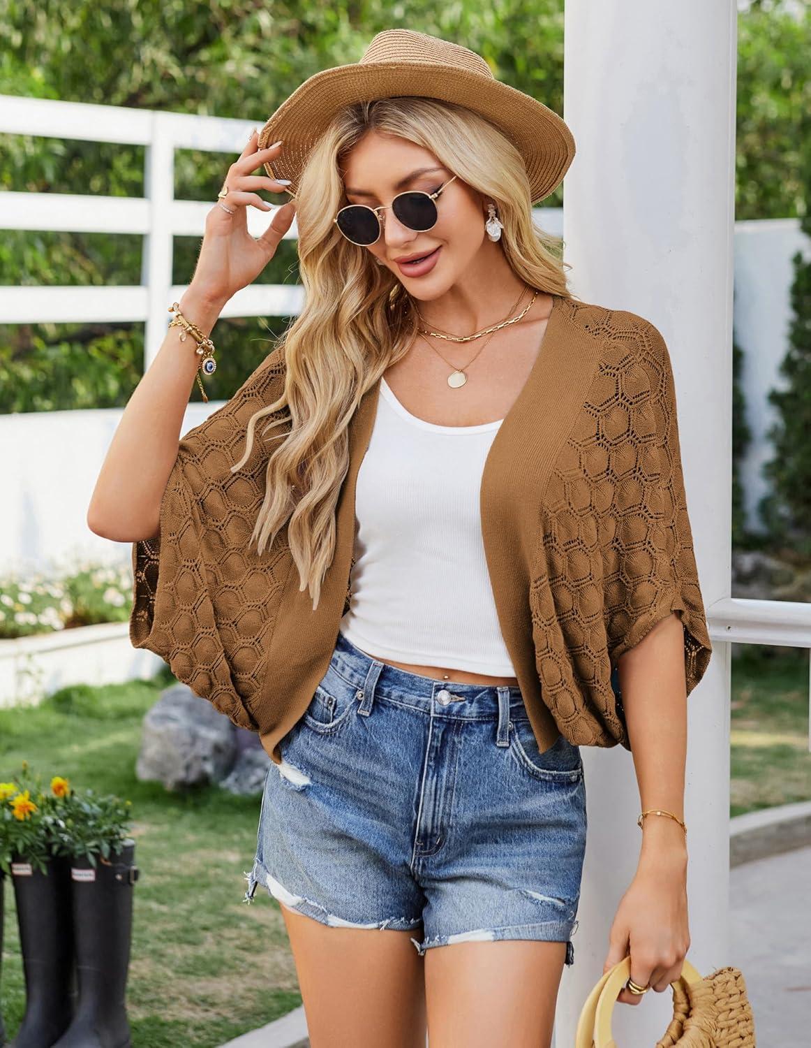 imageGRACE KARIN Womens Crochet Summer Cardigan Shrug 2025 Lightweight Open Front Hollowout Batwing Cardigan Sweater OutwearCoffee
