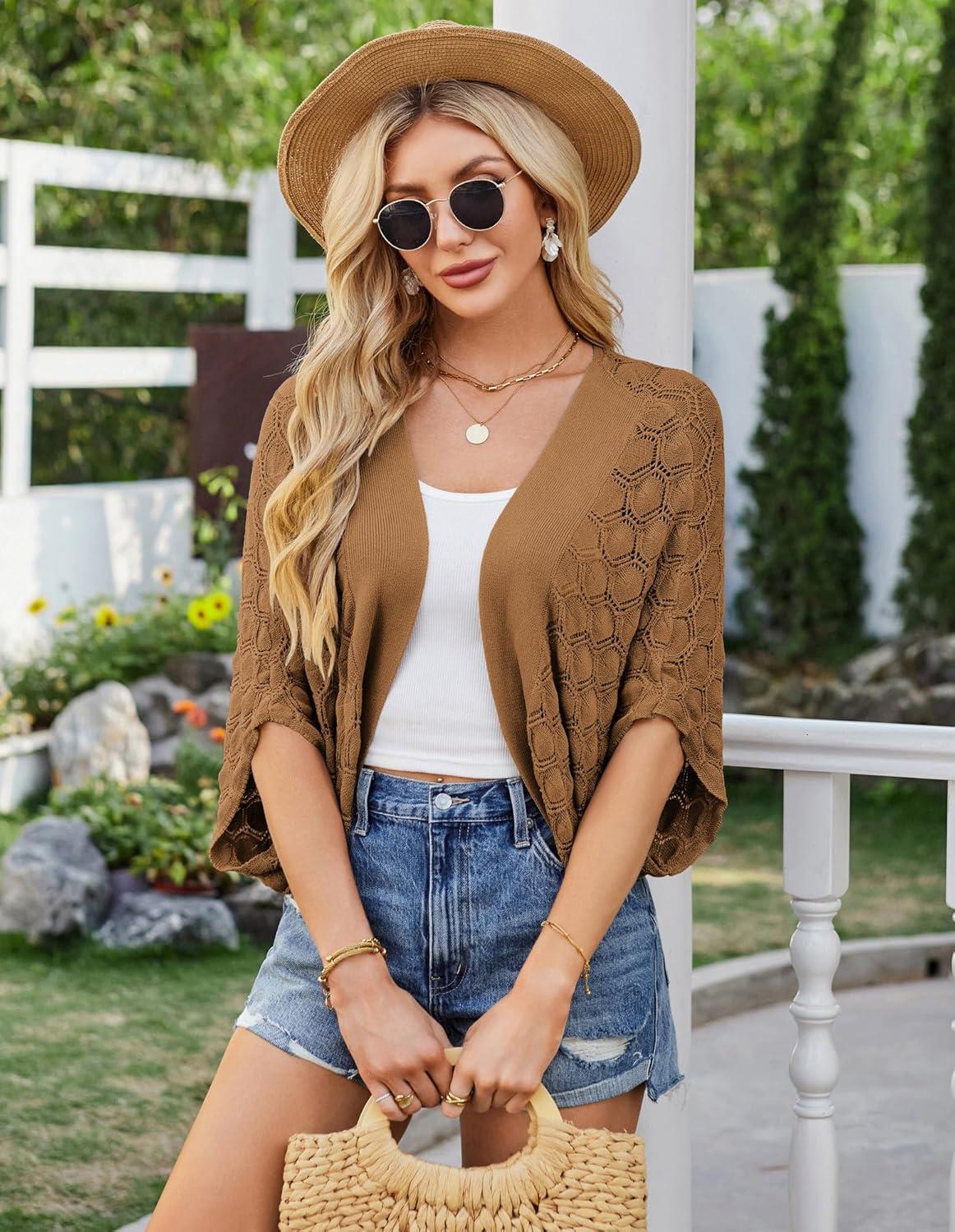 imageGRACE KARIN Womens Crochet Summer Cardigan Shrug 2025 Lightweight Open Front Hollowout Batwing Cardigan Sweater OutwearCoffee