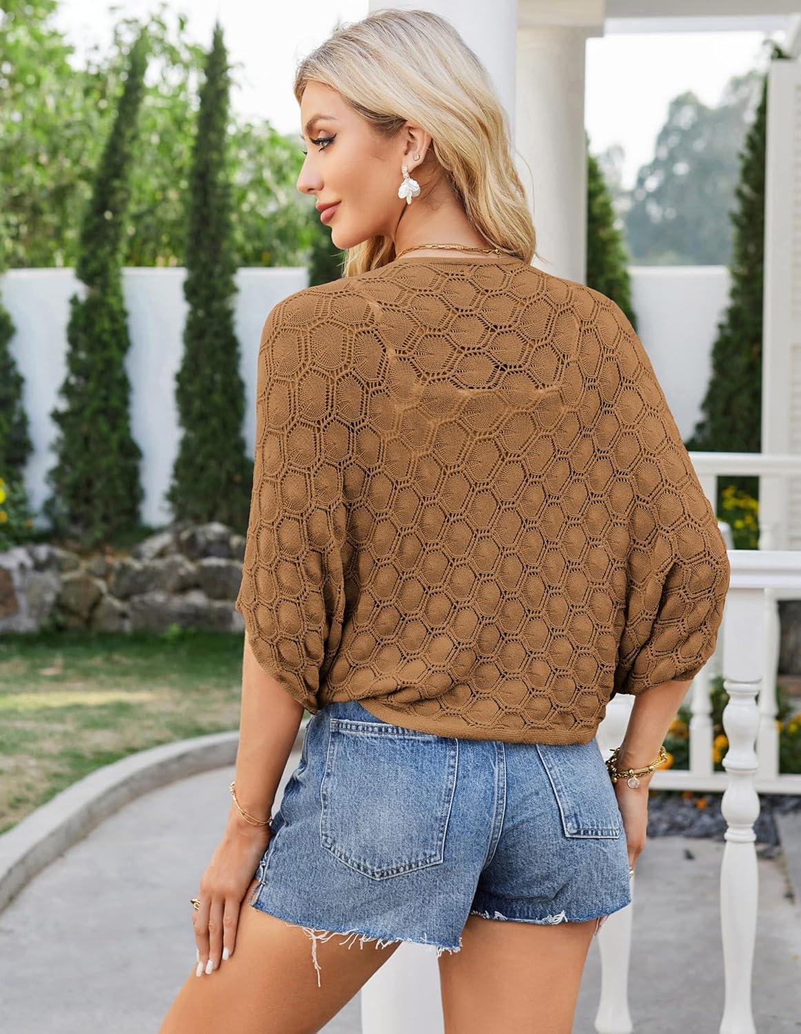 imageGRACE KARIN Womens Crochet Summer Cardigan Shrug 2025 Lightweight Open Front Hollowout Batwing Cardigan Sweater OutwearCoffee