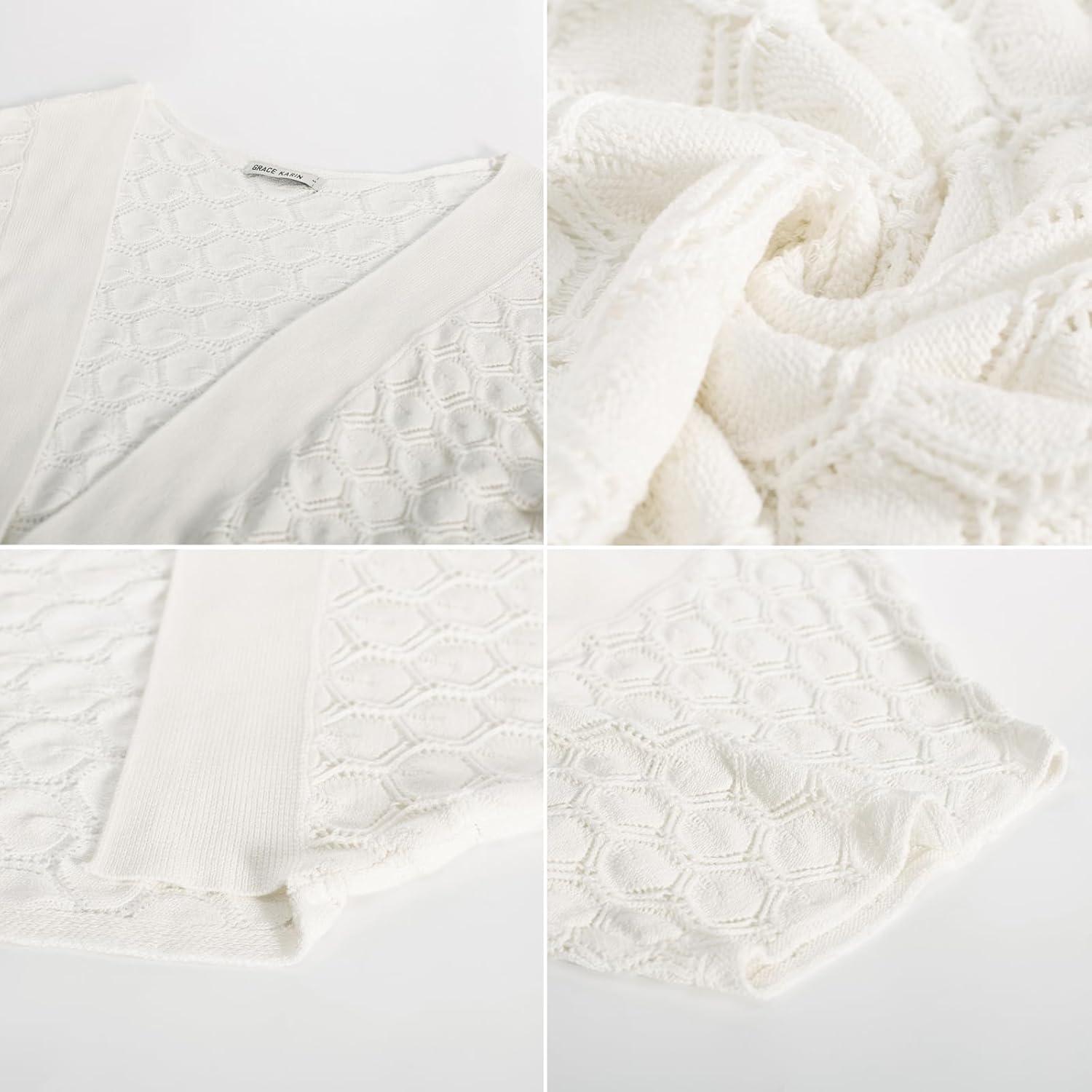 imageGRACE KARIN Womens Crochet Summer Cardigan Shrug 2025 Lightweight Open Front Hollowout Batwing Cardigan Sweater OutwearIvory