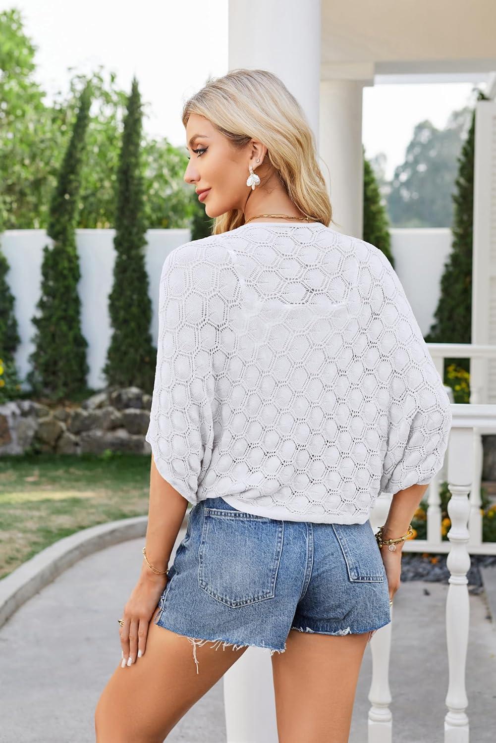 imageGRACE KARIN Womens Crochet Summer Cardigan Shrug 2025 Lightweight Open Front Hollowout Batwing Cardigan Sweater OutwearWhite