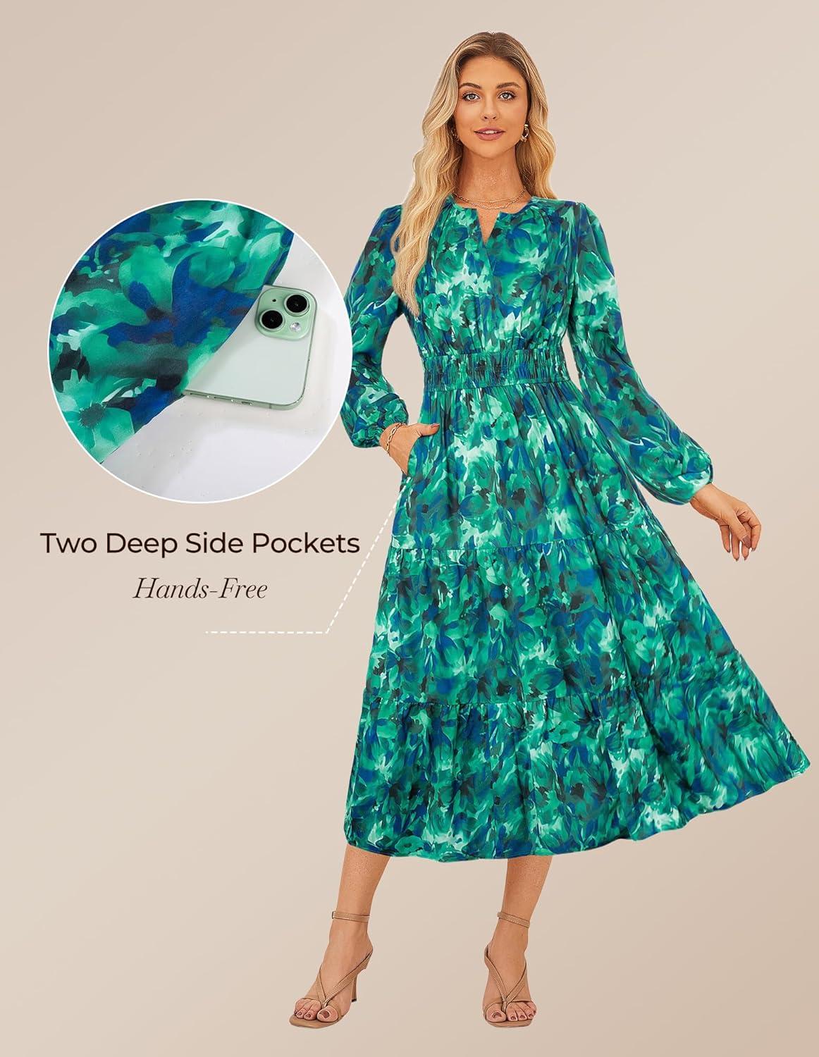 imageGRACE KARIN Womens Floral Maxi Dress 2026 Spring Wedding Guest Dress Long Sleeve V Neck Boho A Line Flowy Dresses with PocketGreen Floral