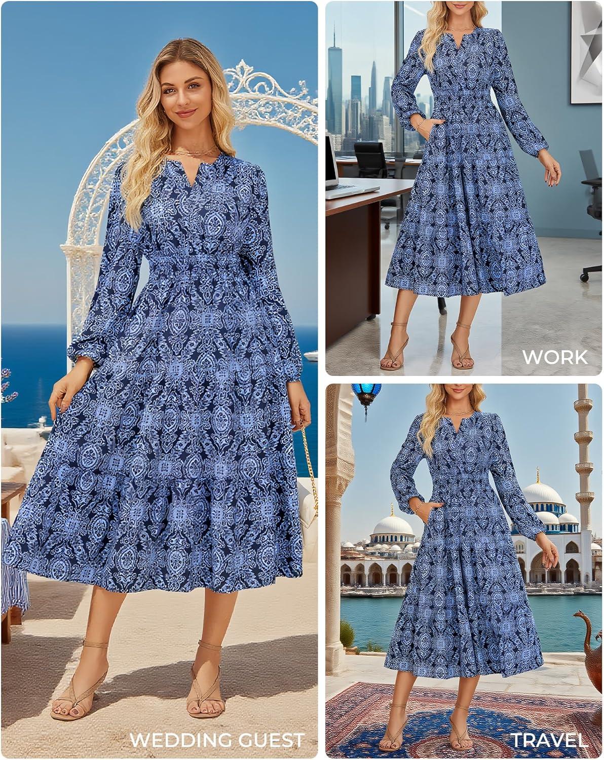 imageGRACE KARIN Womens Floral Maxi Dress 2026 Spring Wedding Guest Dress Long Sleeve V Neck Boho A Line Flowy Dresses with PocketNavy Blue