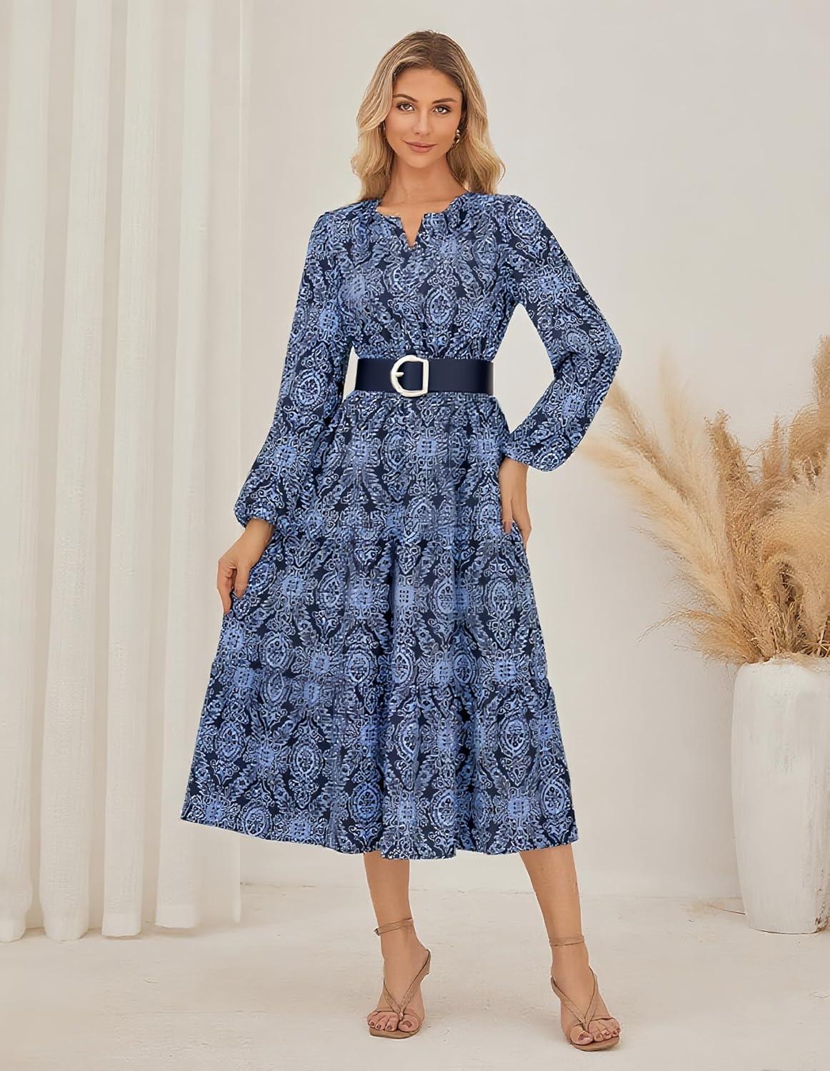 imageGRACE KARIN Womens Floral Maxi Dress 2026 Spring Wedding Guest Dress Long Sleeve V Neck Boho A Line Flowy Dresses with PocketNavy Blue