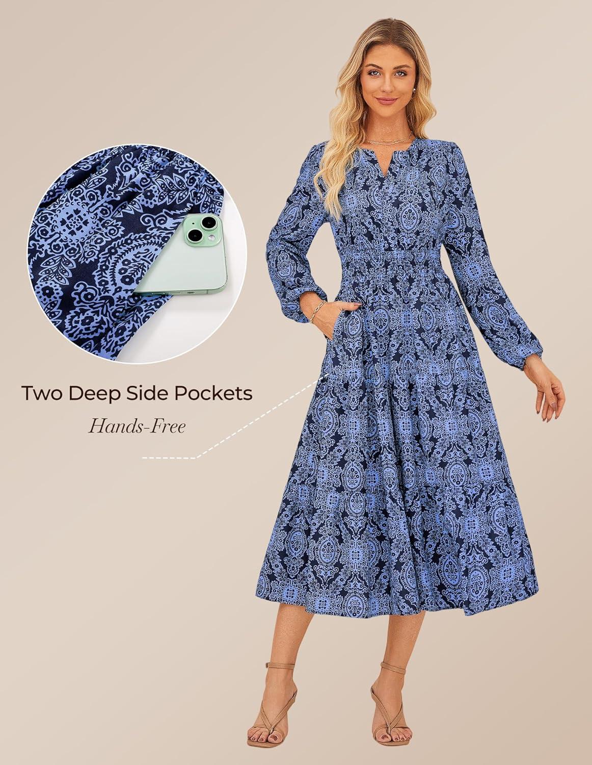 imageGRACE KARIN Womens Floral Maxi Dress 2026 Spring Wedding Guest Dress Long Sleeve V Neck Boho A Line Flowy Dresses with PocketNavy Blue