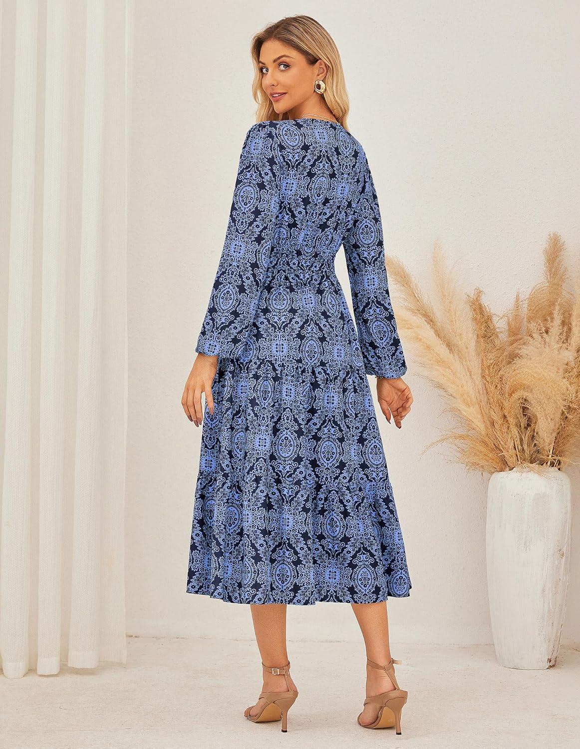 imageGRACE KARIN Womens Floral Maxi Dress 2026 Spring Wedding Guest Dress Long Sleeve V Neck Boho A Line Flowy Dresses with PocketNavy Blue