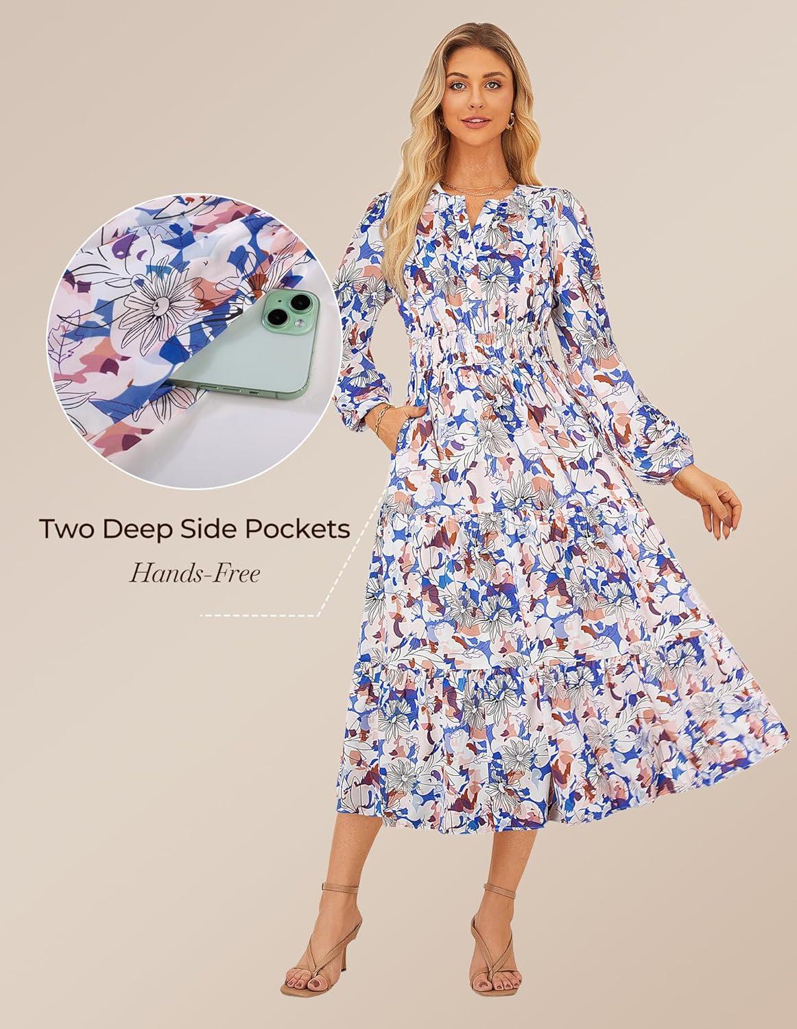 imageGRACE KARIN Womens Floral Maxi Dress 2026 Spring Wedding Guest Dress Long Sleeve V Neck Boho A Line Flowy Dresses with PocketSkybule White Floral