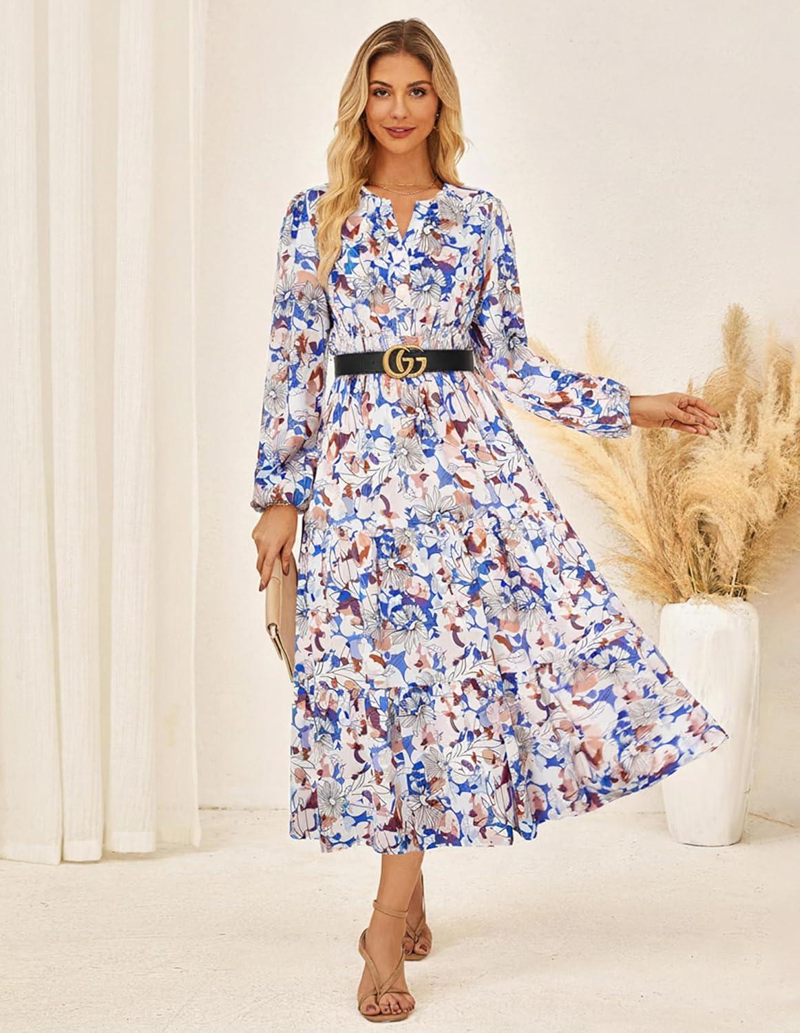imageGRACE KARIN Womens Floral Maxi Dress 2026 Spring Wedding Guest Dress Long Sleeve V Neck Boho A Line Flowy Dresses with PocketSkybule White Floral