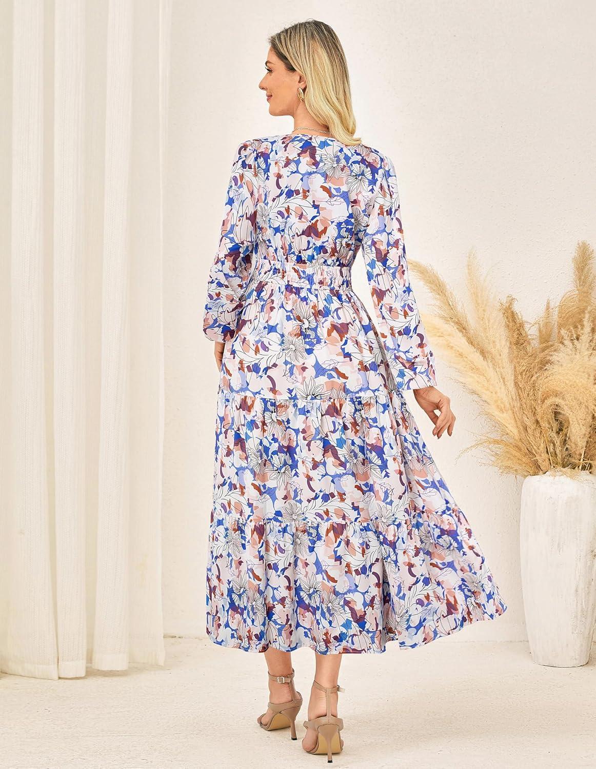 imageGRACE KARIN Womens Floral Maxi Dress 2026 Spring Wedding Guest Dress Long Sleeve V Neck Boho A Line Flowy Dresses with PocketSkybule White Floral