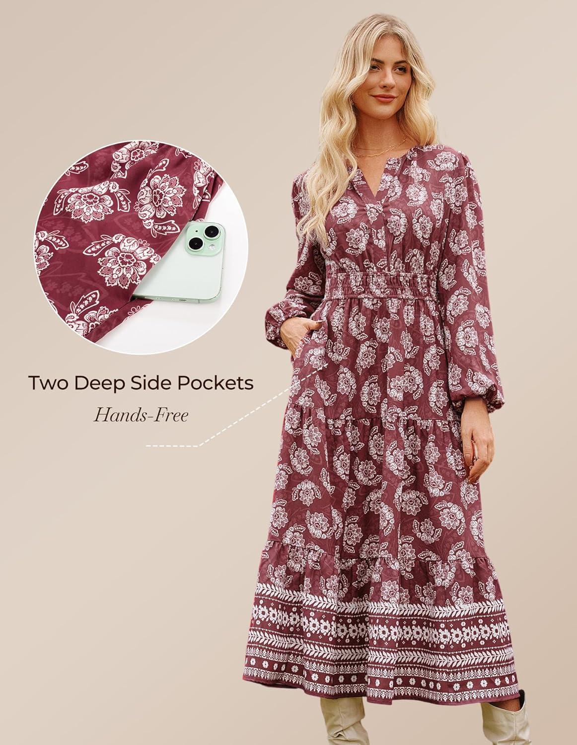 imageGRACE KARIN Womens Floral Maxi Dress 2026 Spring Wedding Guest Dress Long Sleeve V Neck Boho A Line Flowy Dresses with PocketWine Red