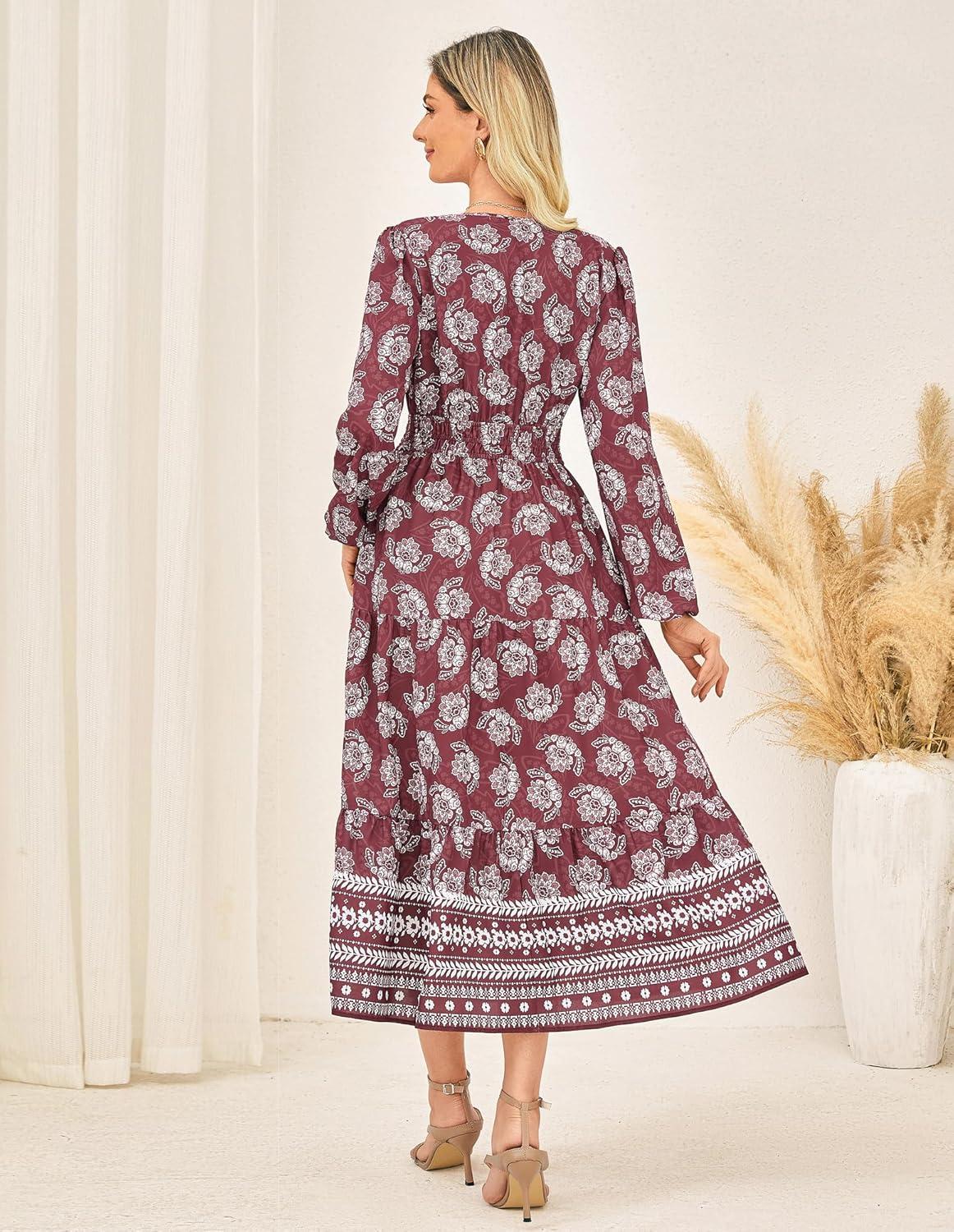 imageGRACE KARIN Womens Floral Maxi Dress 2026 Spring Wedding Guest Dress Long Sleeve V Neck Boho A Line Flowy Dresses with PocketWine Red