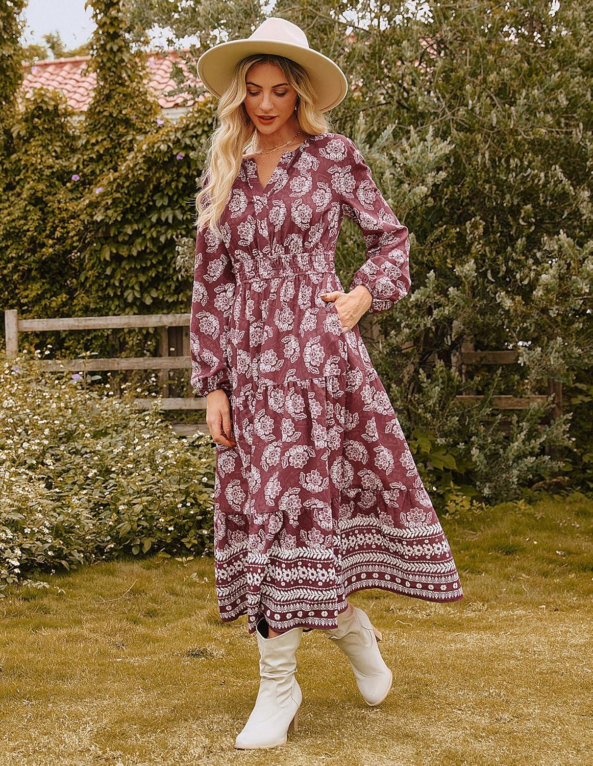 imageGRACE KARIN Womens Floral Maxi Dress 2026 Spring Wedding Guest Dress Long Sleeve V Neck Boho A Line Flowy Dresses with PocketWine Red