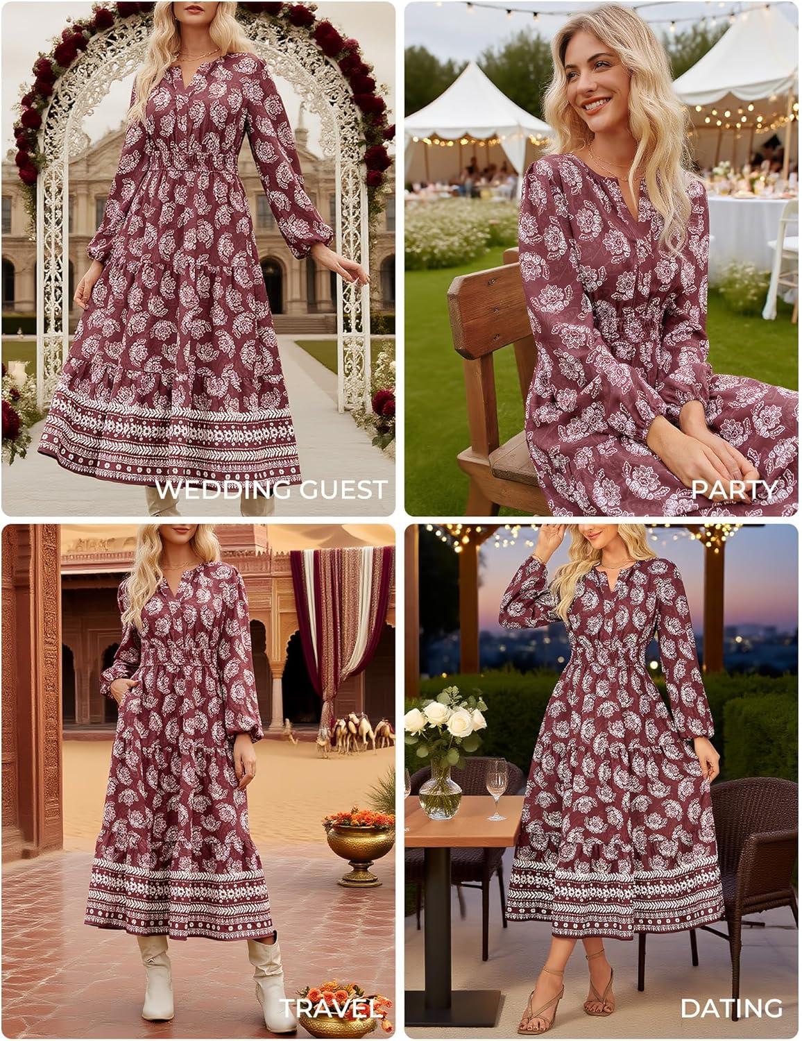 imageGRACE KARIN Womens Floral Maxi Dress 2026 Spring Wedding Guest Dress Long Sleeve V Neck Boho A Line Flowy Dresses with PocketWine Red