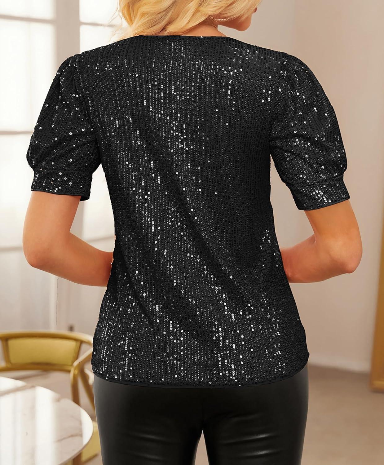 imageGRACE KARIN Womens Full Sequin Tops Sparkle Glitter Blouses Lantern Short Sleeve Shirts Dressy Party Concert OutfitsBlack