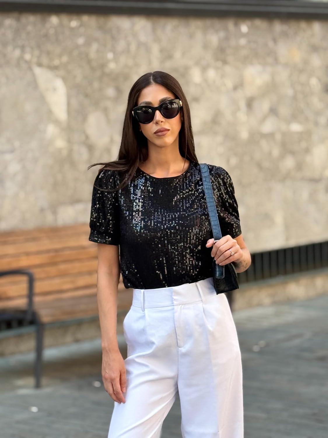 imageGRACE KARIN Womens Full Sequin Tops Sparkle Glitter Blouses Lantern Short Sleeve Shirts Dressy Party Concert OutfitsBlack