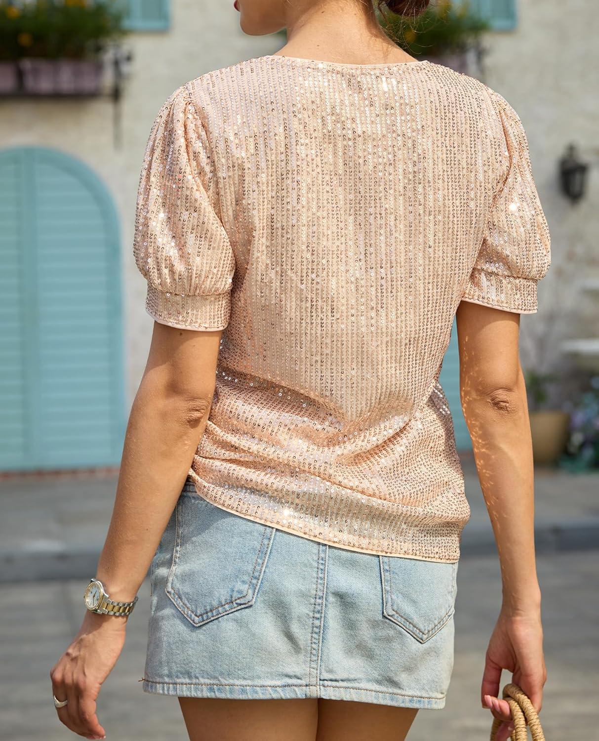imageGRACE KARIN Womens Full Sequin Tops Sparkle Glitter Blouses Lantern Short Sleeve Shirts Dressy Party Concert OutfitsChampagne