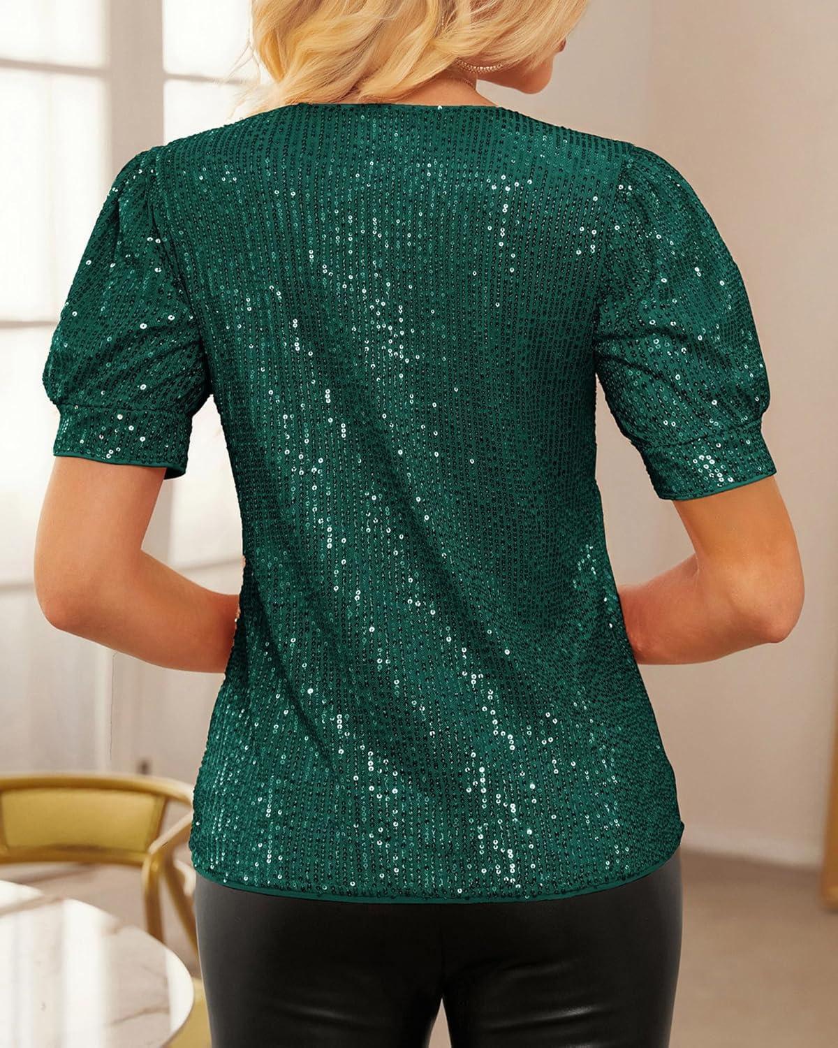 imageGRACE KARIN Womens Full Sequin Tops Sparkle Glitter Blouses Lantern Short Sleeve Shirts Dressy Party Concert OutfitsDark Green