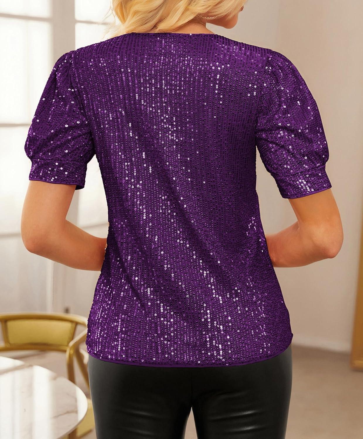 imageGRACE KARIN Womens Full Sequin Tops Sparkle Glitter Blouses Lantern Short Sleeve Shirts Dressy Party Concert OutfitsPurple
