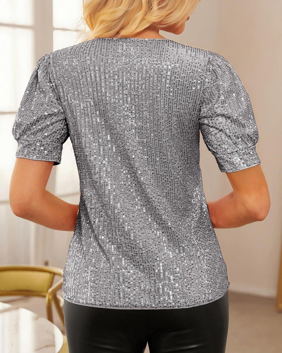 imageGRACE KARIN Womens Full Sequin Tops Sparkle Glitter Blouses Lantern Short Sleeve Shirts Dressy Party Concert OutfitsSilver Gray