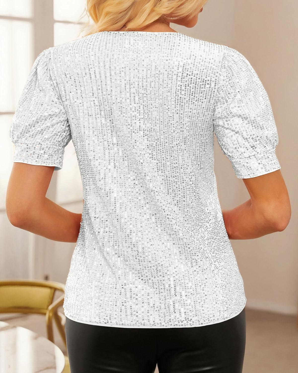 imageGRACE KARIN Womens Full Sequin Tops Sparkle Glitter Blouses Lantern Short Sleeve Shirts Dressy Party Concert OutfitsWhite