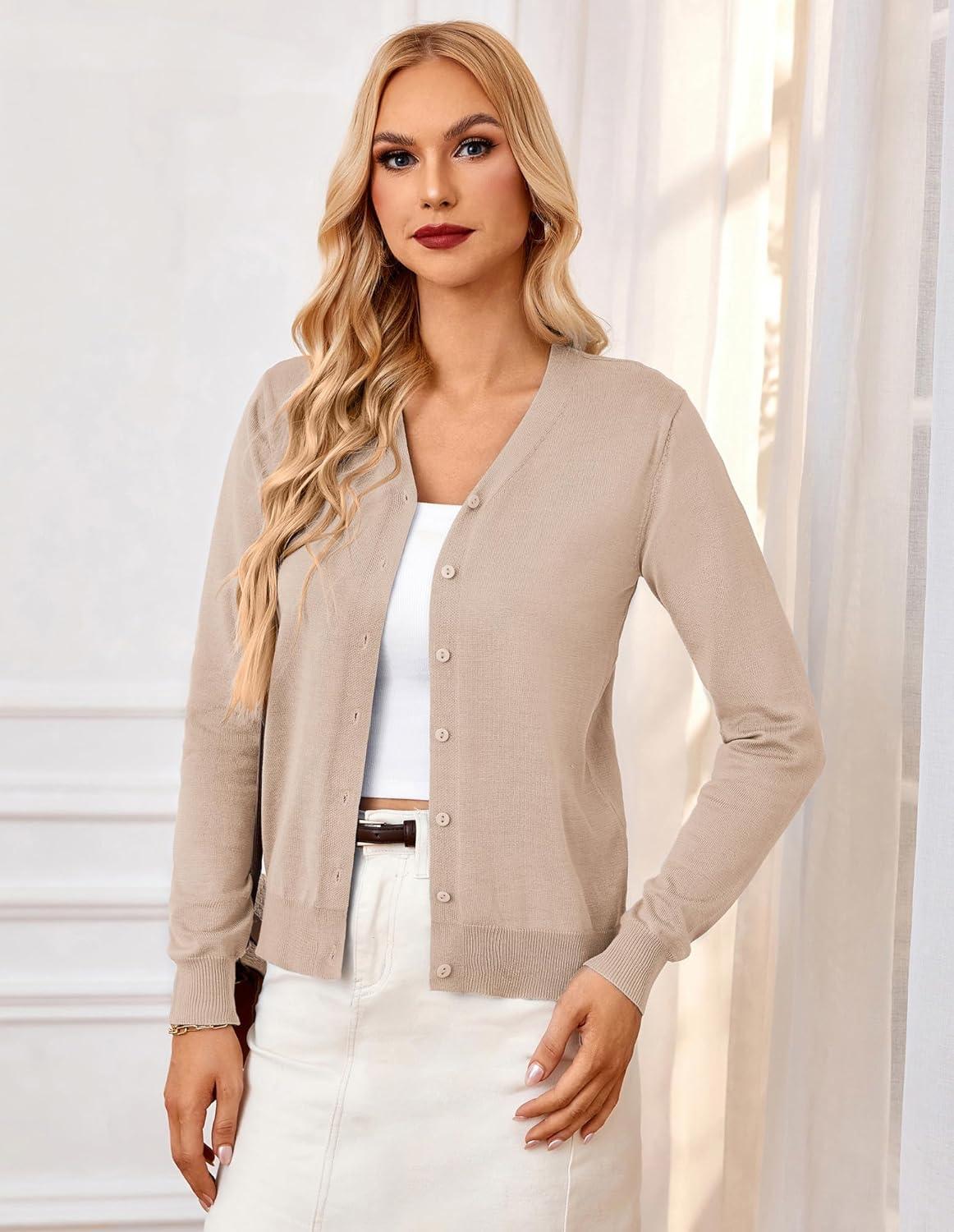 imageGRACE KARIN Womens Lightweight Cardigan Sweater Button Up Long Sleeve V Neck Sweater Jacket Open Front Casual Knit ShrugDeep Apricot