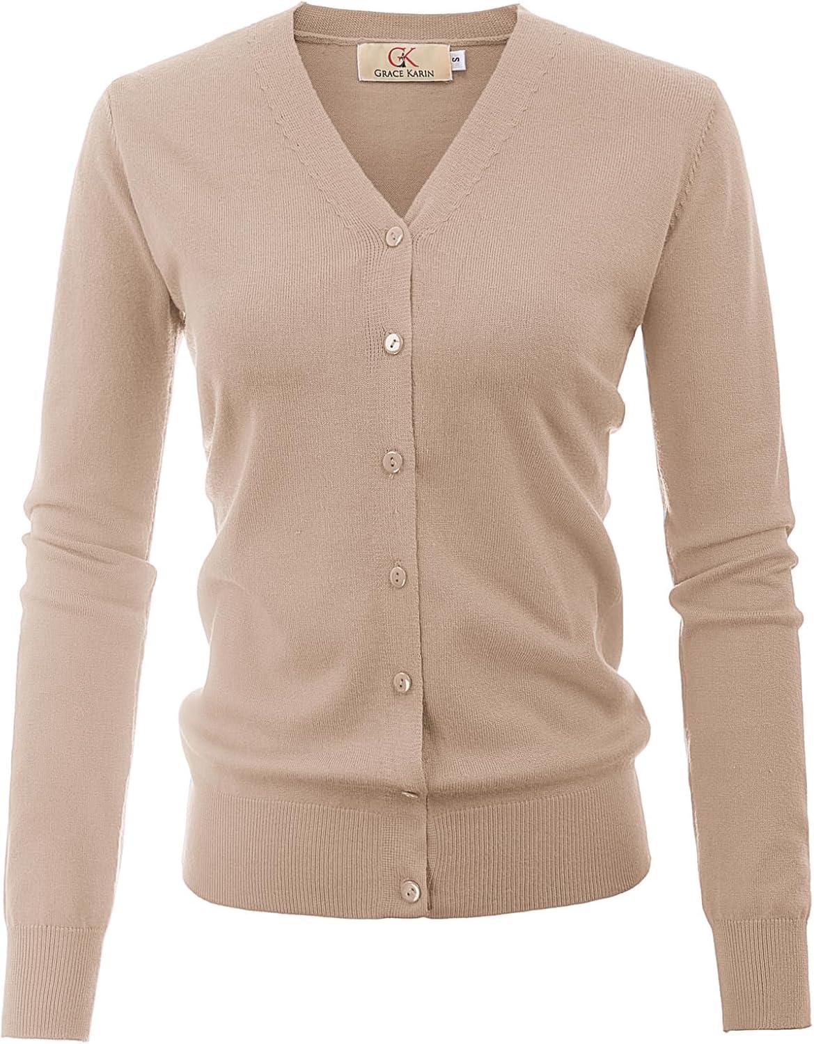imageGRACE KARIN Womens Lightweight Cardigan Sweater Button Up Long Sleeve V Neck Sweater Jacket Open Front Casual Knit ShrugDeep Apricot
