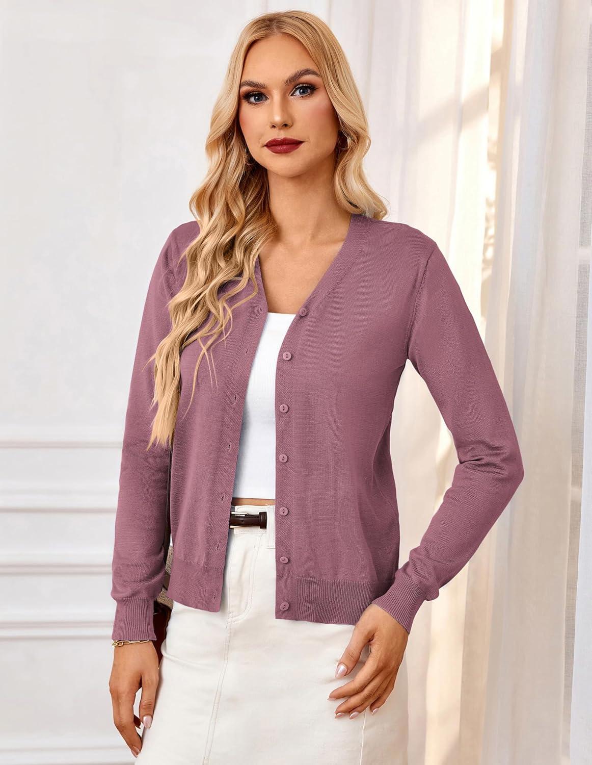 imageGRACE KARIN Womens Lightweight Cardigan Sweater Button Up Long Sleeve V Neck Sweater Jacket Open Front Casual Knit ShrugGray Pink