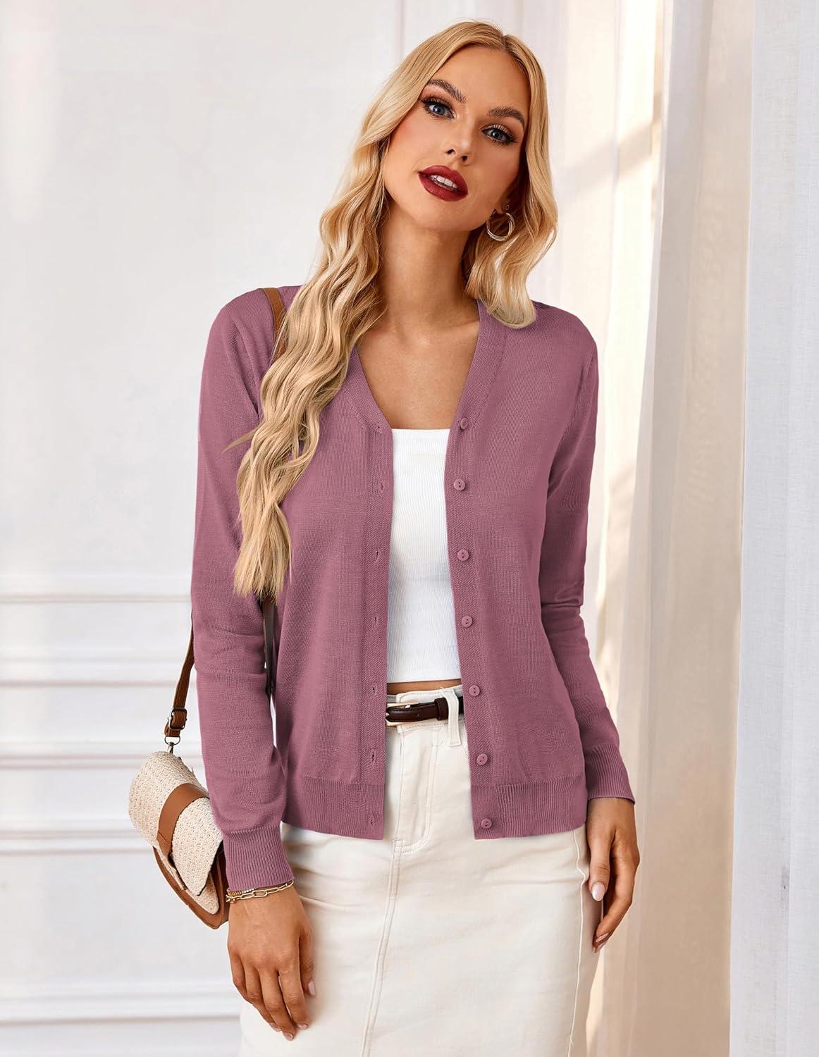 imageGRACE KARIN Womens Lightweight Cardigan Sweater Button Up Long Sleeve V Neck Sweater Jacket Open Front Casual Knit ShrugGray Pink