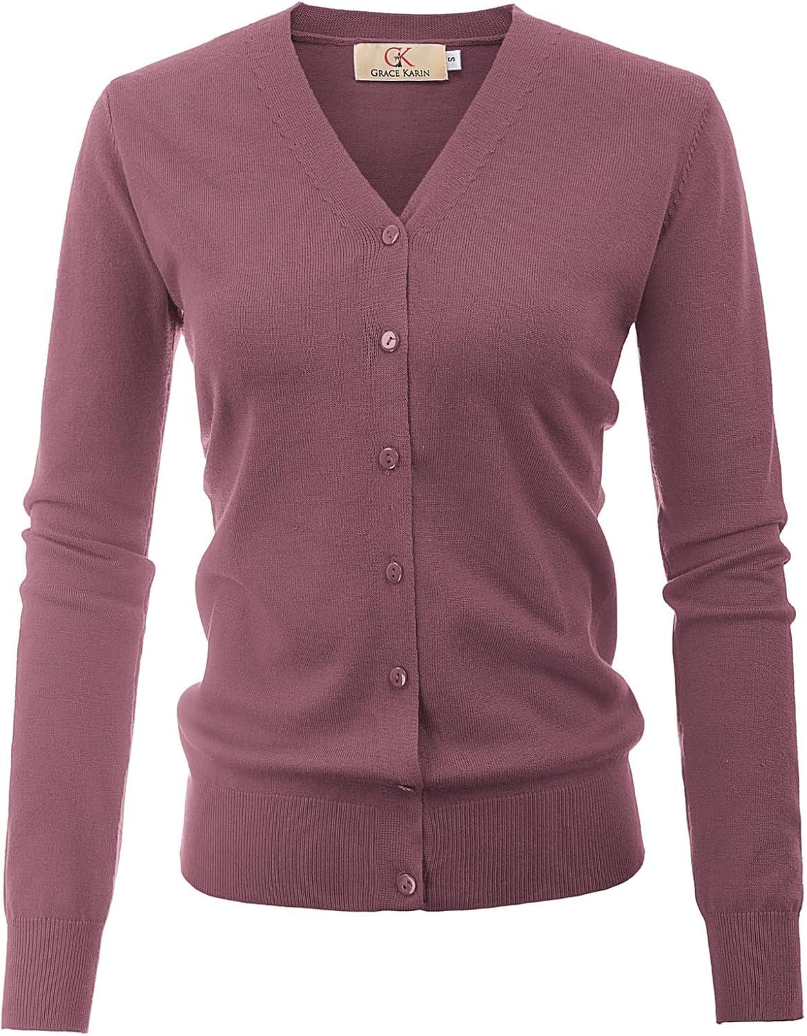 imageGRACE KARIN Womens Lightweight Cardigan Sweater Button Up Long Sleeve V Neck Sweater Jacket Open Front Casual Knit ShrugGray Pink
