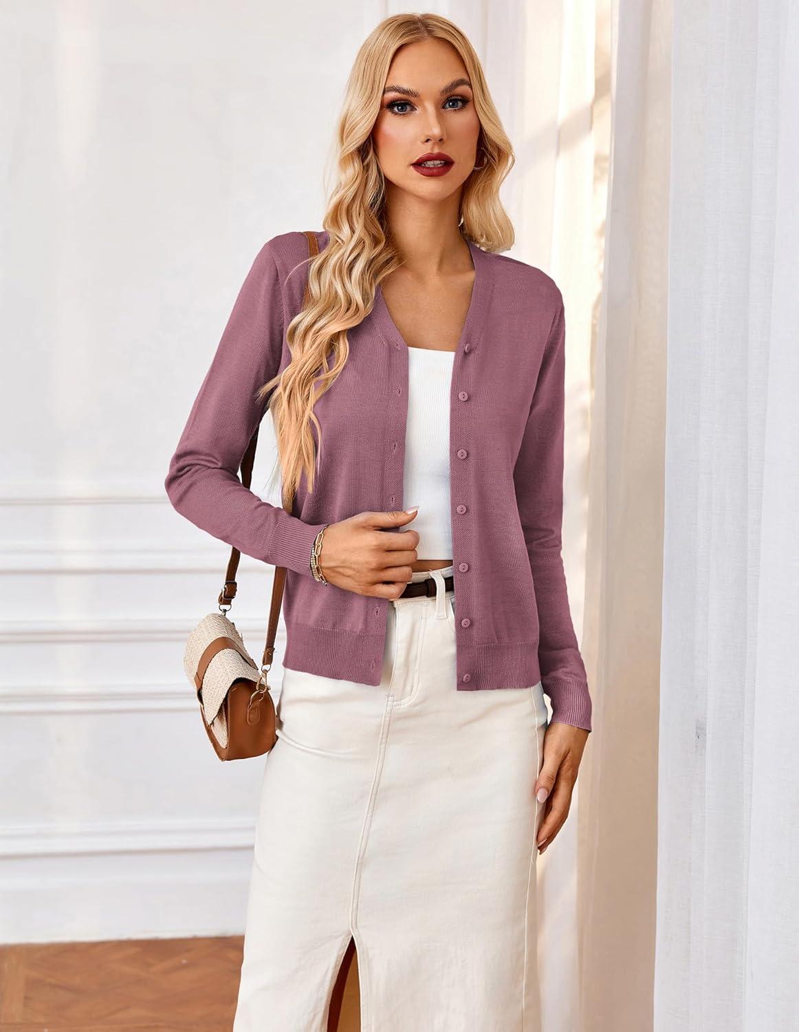 imageGRACE KARIN Womens Lightweight Cardigan Sweater Button Up Long Sleeve V Neck Sweater Jacket Open Front Casual Knit ShrugGray Pink