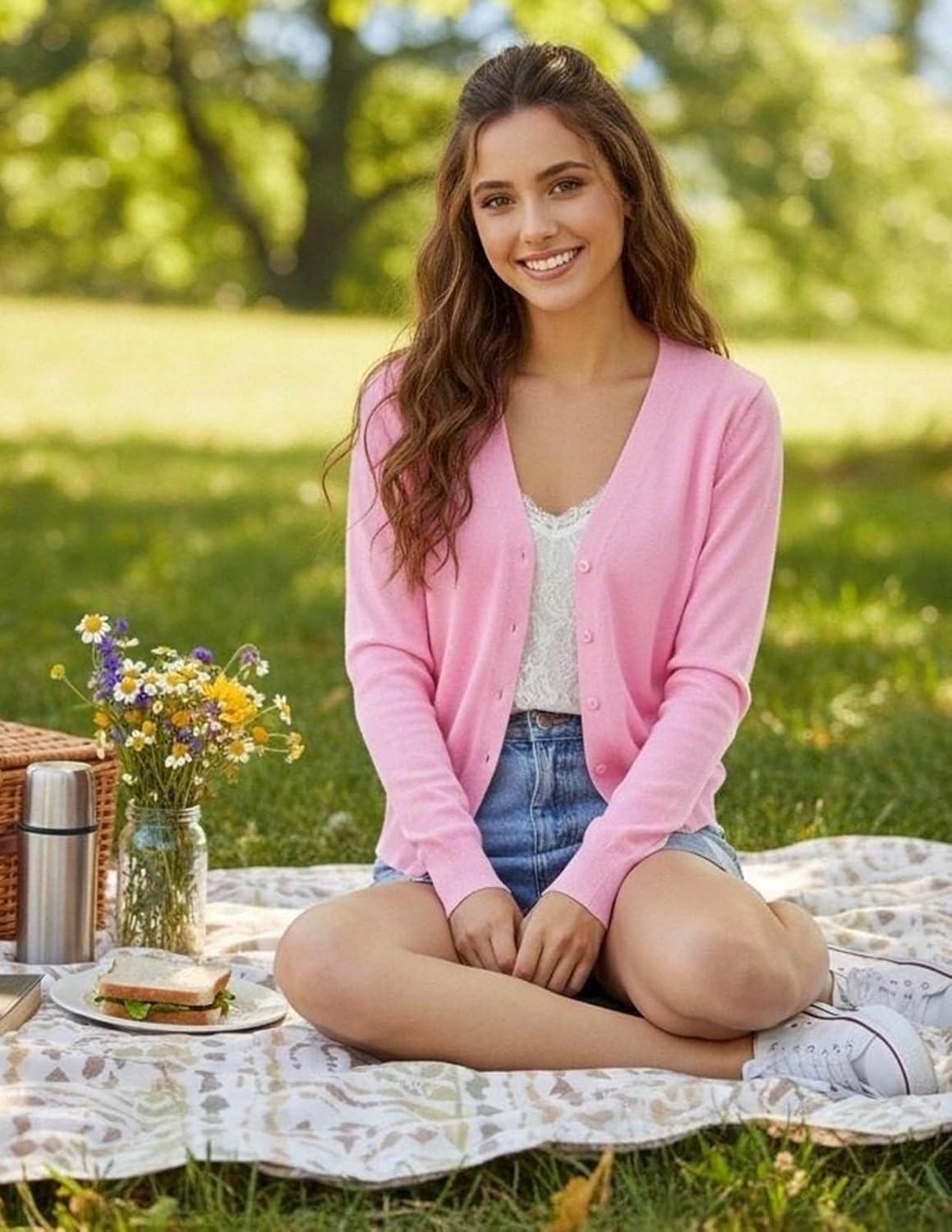 imageGRACE KARIN Womens Lightweight Cardigan Sweater Button Up Long Sleeve V Neck Sweater Jacket Open Front Casual Knit ShrugPink