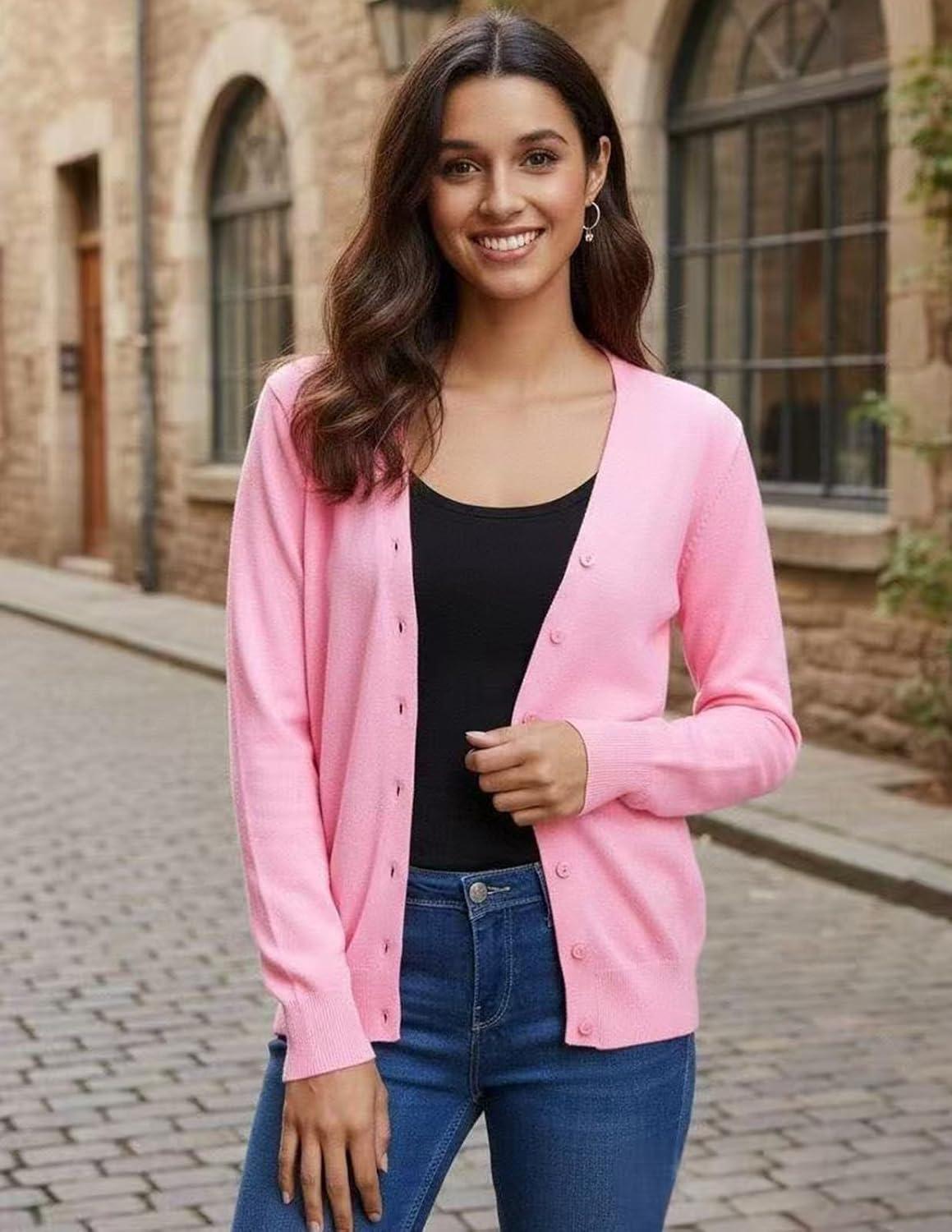 imageGRACE KARIN Womens Lightweight Cardigan Sweater Button Up Long Sleeve V Neck Sweater Jacket Open Front Casual Knit ShrugPink