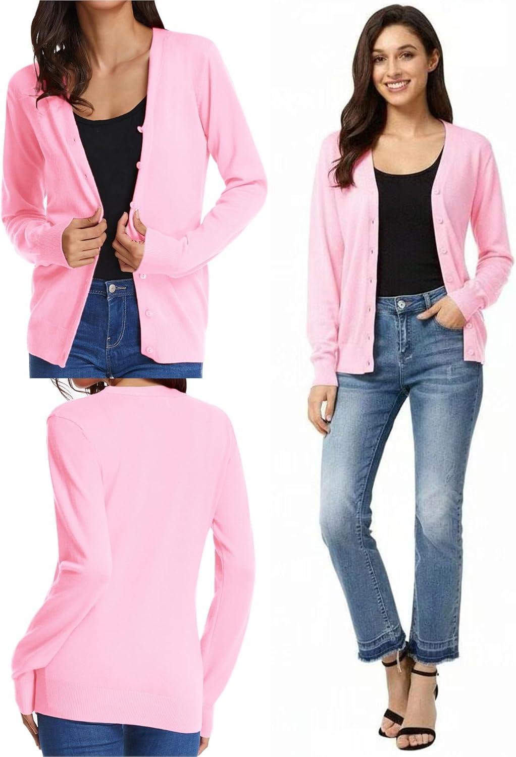 imageGRACE KARIN Womens Lightweight Cardigan Sweater Button Up Long Sleeve V Neck Sweater Jacket Open Front Casual Knit ShrugPink