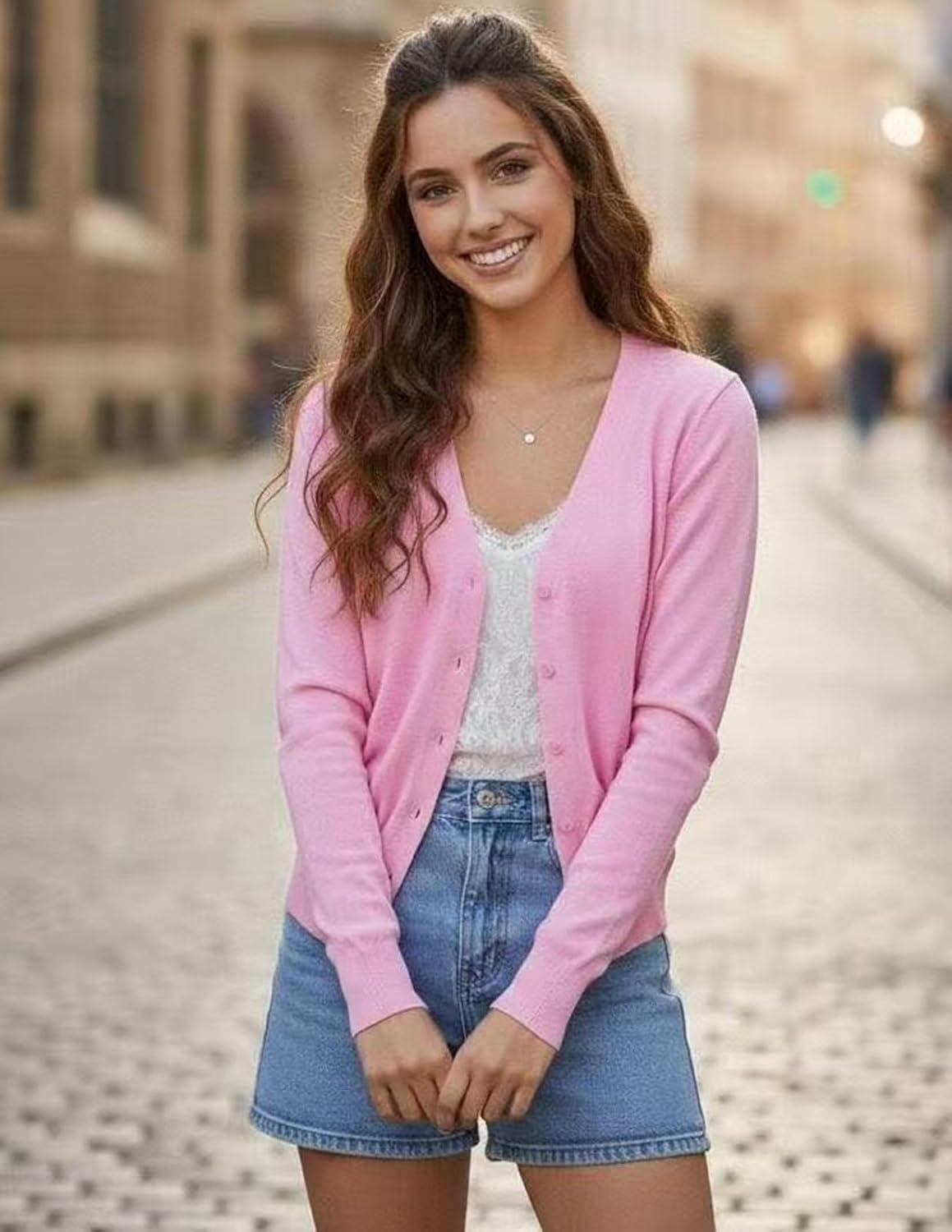 imageGRACE KARIN Womens Lightweight Cardigan Sweater Button Up Long Sleeve V Neck Sweater Jacket Open Front Casual Knit ShrugPink
