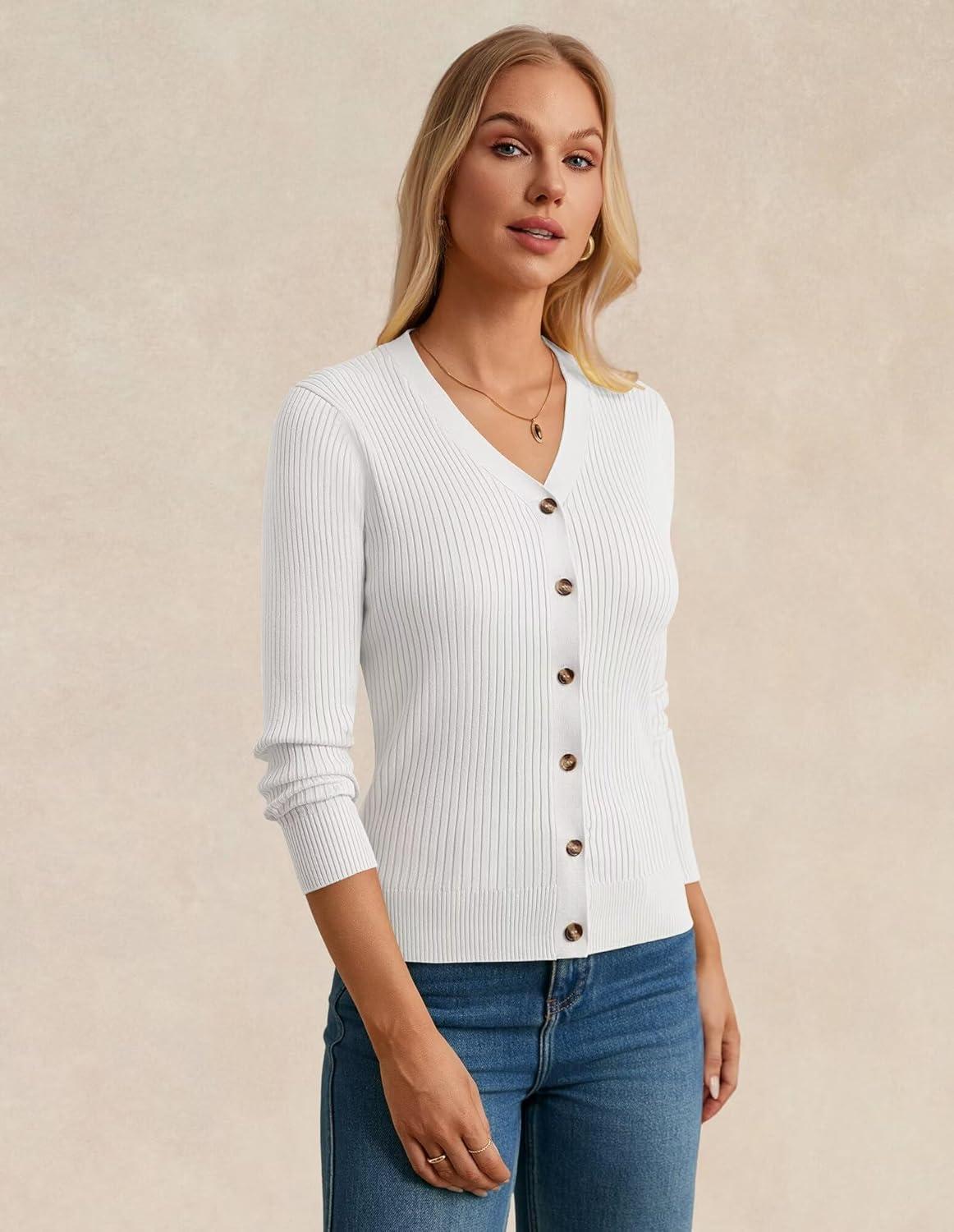imageGRACE KARIN Womens Long Sleeve V Neck Button Up Cardigan Sweater Trendy Ribbed Knit Open Front Casual JacketBright White