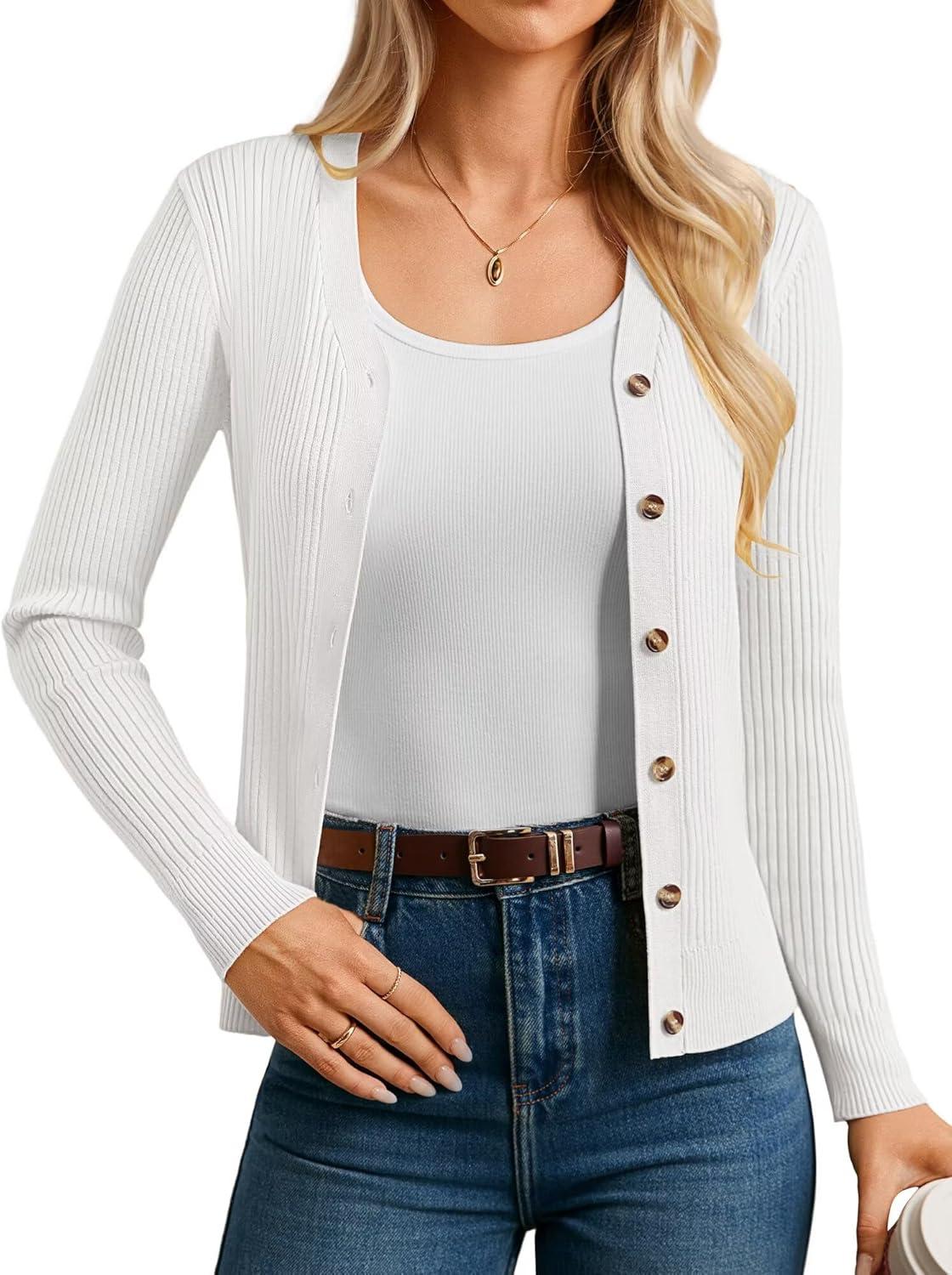 imageGRACE KARIN Womens Long Sleeve V Neck Button Up Cardigan Sweater Trendy Ribbed Knit Open Front Casual JacketBright White