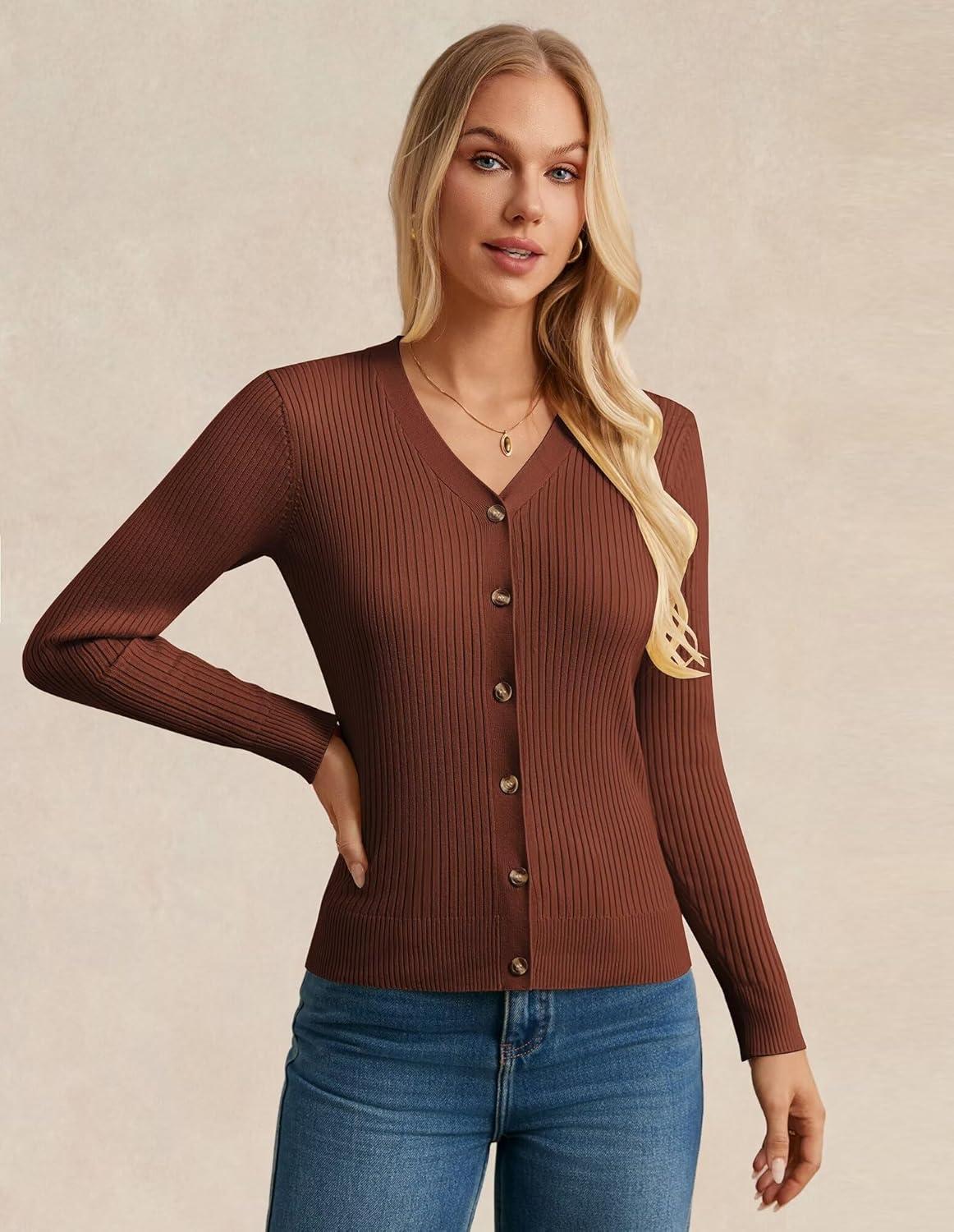 imageGRACE KARIN Womens Long Sleeve V Neck Button Up Cardigan Sweater Trendy Ribbed Knit Open Front Casual JacketCaramel