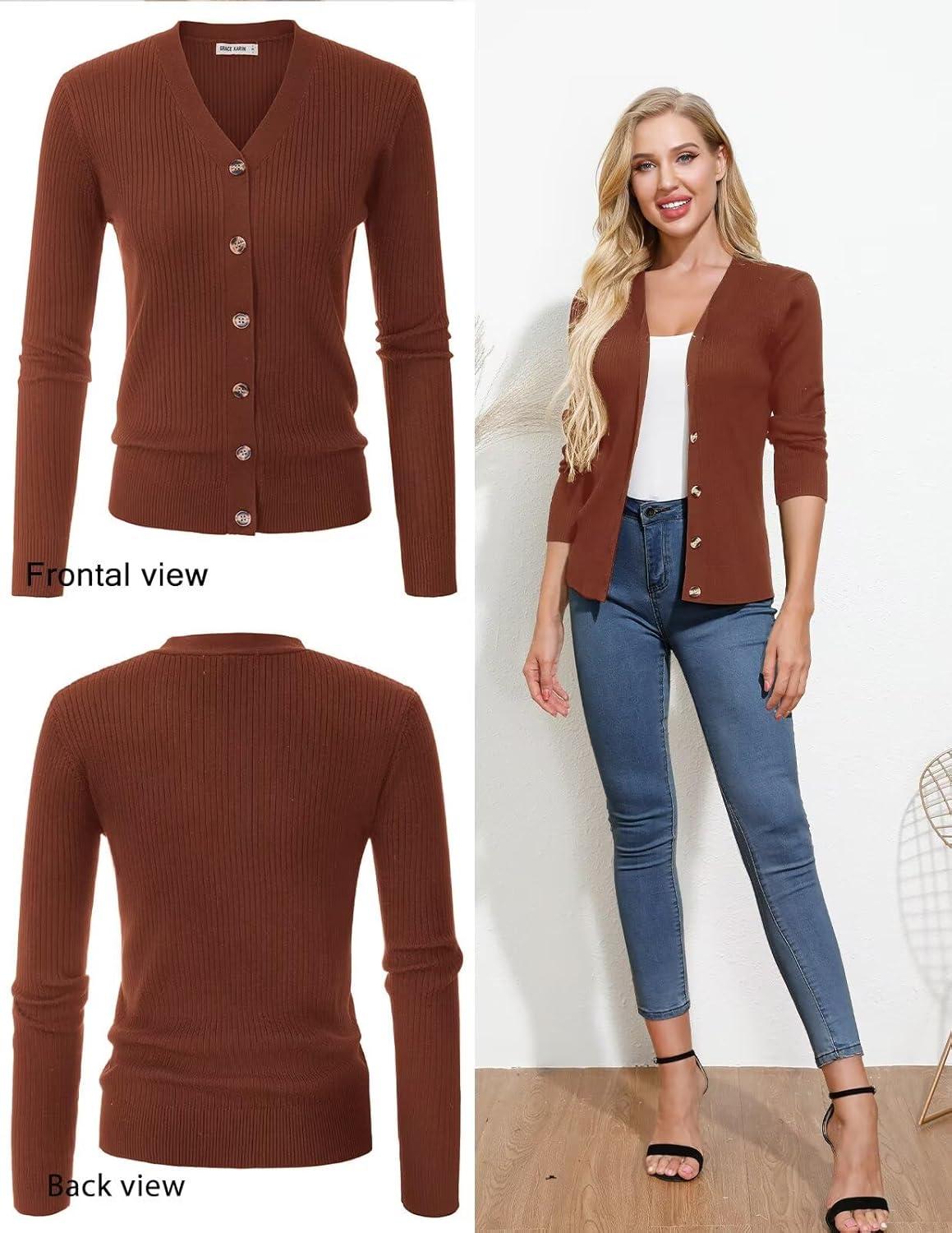 imageGRACE KARIN Womens Long Sleeve V Neck Button Up Cardigan Sweater Trendy Ribbed Knit Open Front Casual JacketCaramel