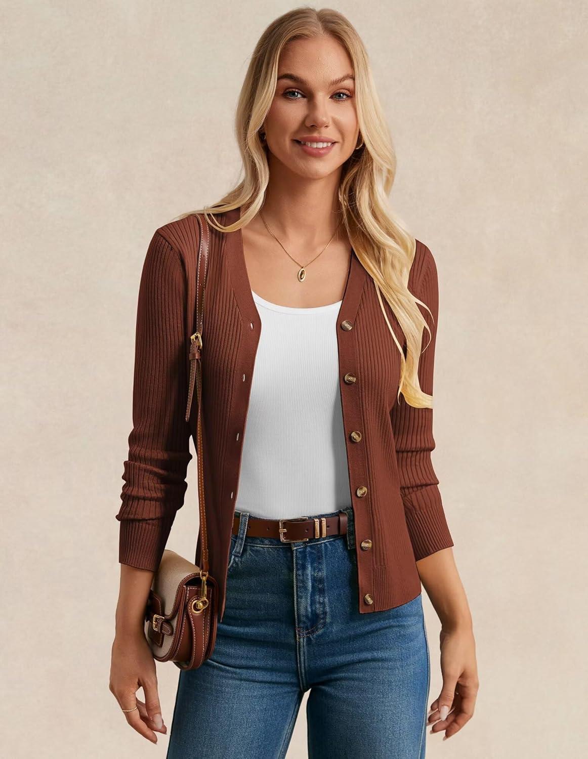 imageGRACE KARIN Womens Long Sleeve V Neck Button Up Cardigan Sweater Trendy Ribbed Knit Open Front Casual JacketCaramel