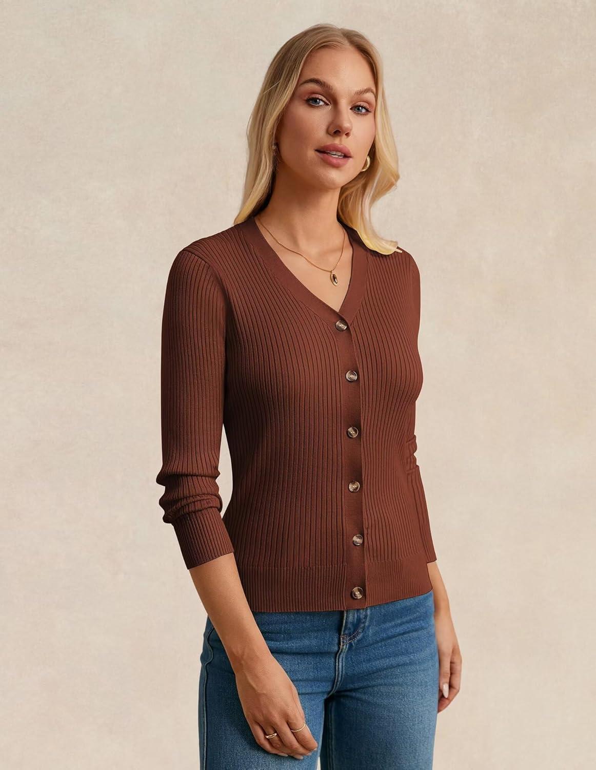 imageGRACE KARIN Womens Long Sleeve V Neck Button Up Cardigan Sweater Trendy Ribbed Knit Open Front Casual JacketCaramel
