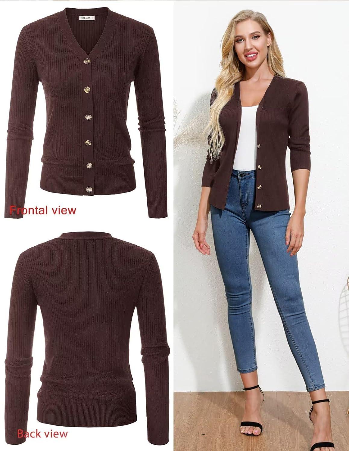 imageGRACE KARIN Womens Long Sleeve V Neck Button Up Cardigan Sweater Trendy Ribbed Knit Open Front Casual JacketCoffee