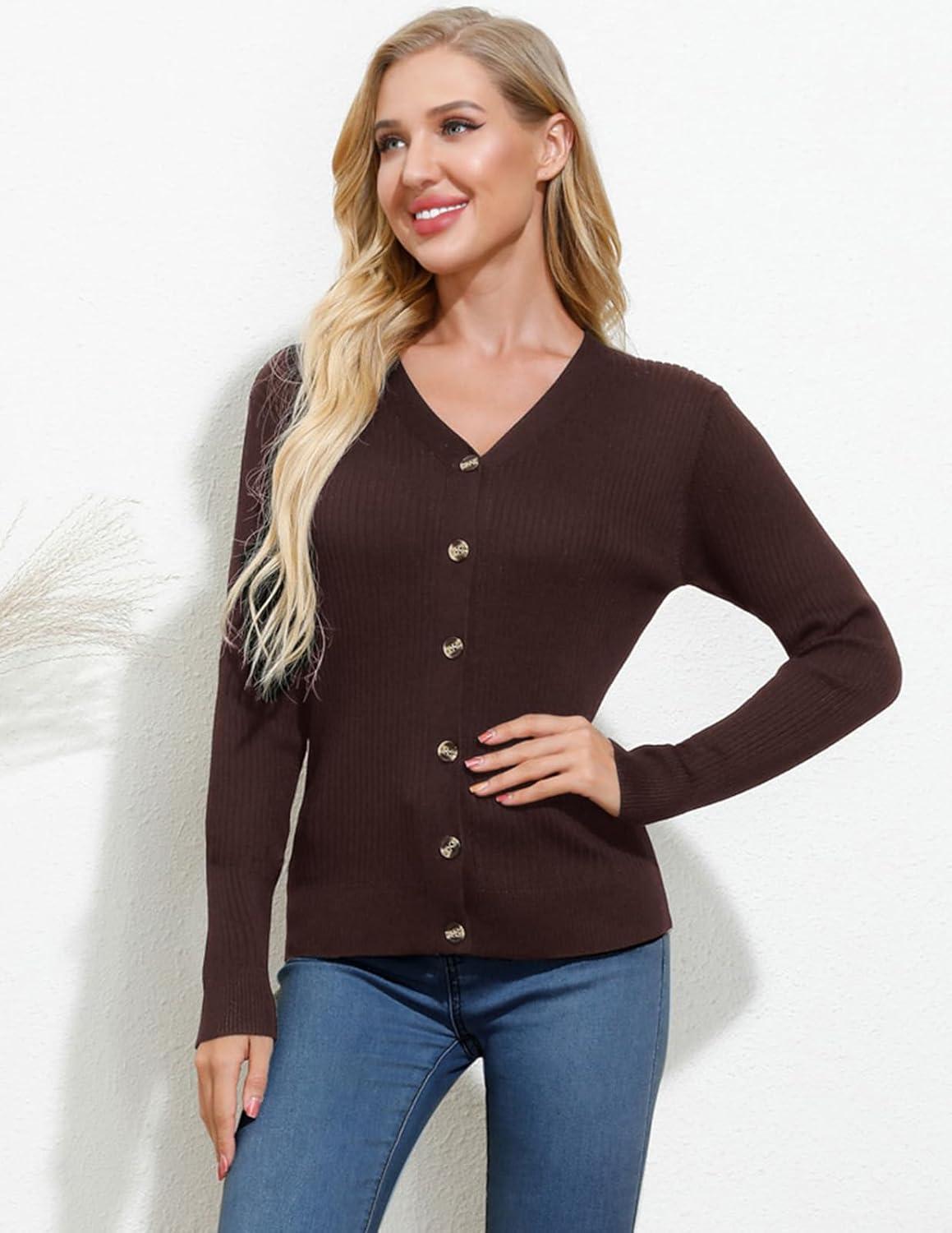 imageGRACE KARIN Womens Long Sleeve V Neck Button Up Cardigan Sweater Trendy Ribbed Knit Open Front Casual JacketCoffee