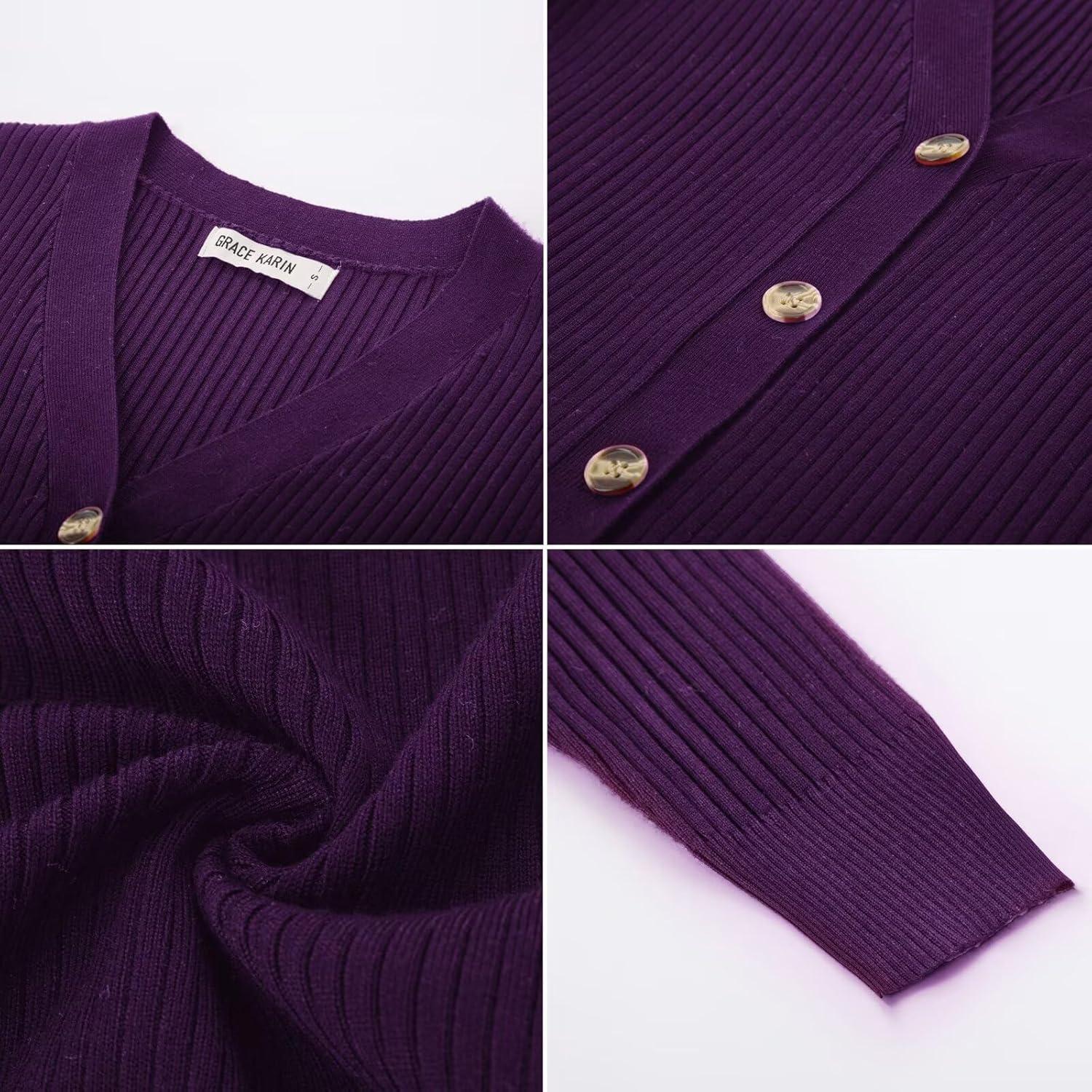 imageGRACE KARIN Womens Long Sleeve V Neck Button Up Cardigan Sweater Trendy Ribbed Knit Open Front Casual JacketDark Purple