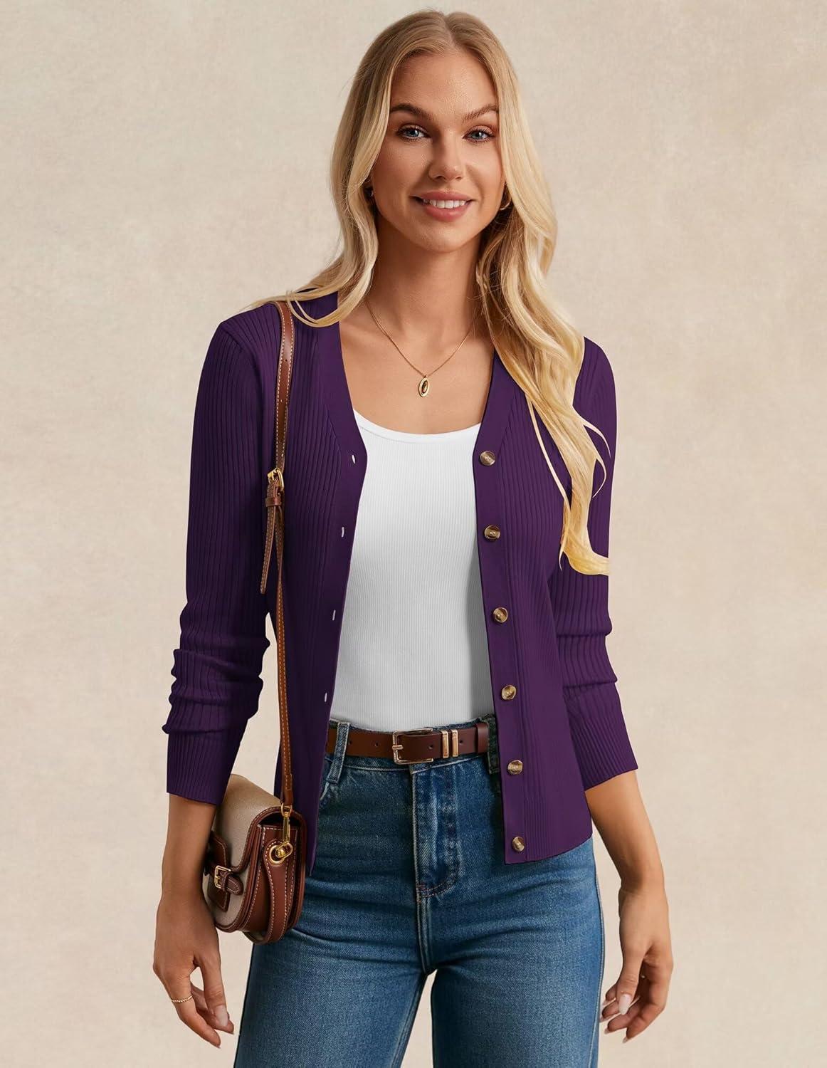 imageGRACE KARIN Womens Long Sleeve V Neck Button Up Cardigan Sweater Trendy Ribbed Knit Open Front Casual JacketDark Purple
