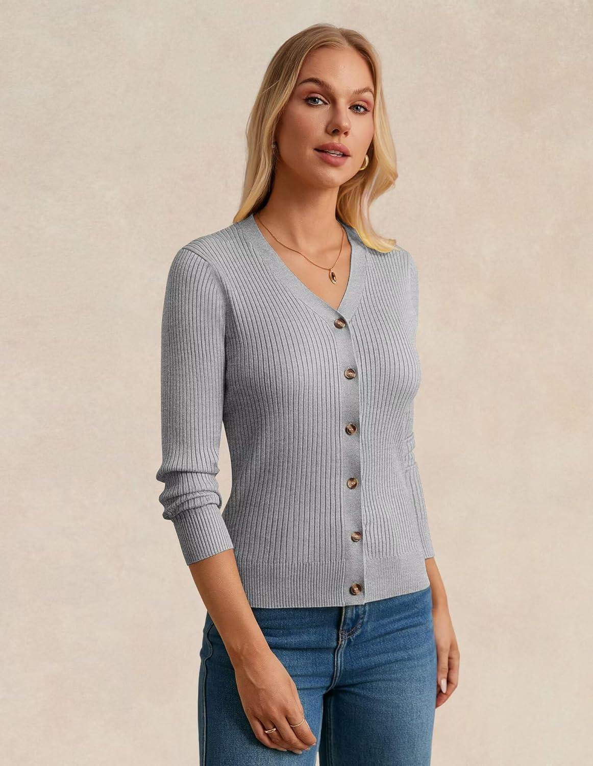 imageGRACE KARIN Womens Long Sleeve V Neck Button Up Cardigan Sweater Trendy Ribbed Knit Open Front Casual JacketFlower Grey