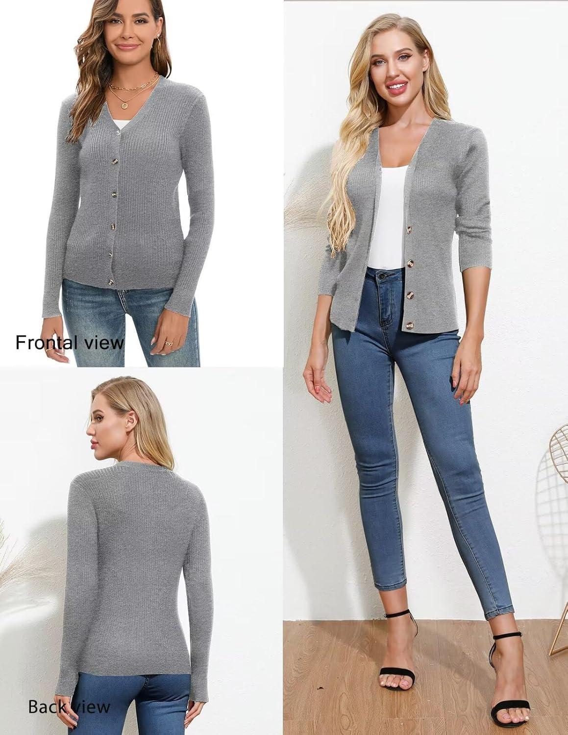 imageGRACE KARIN Womens Long Sleeve V Neck Button Up Cardigan Sweater Trendy Ribbed Knit Open Front Casual JacketFlower Grey