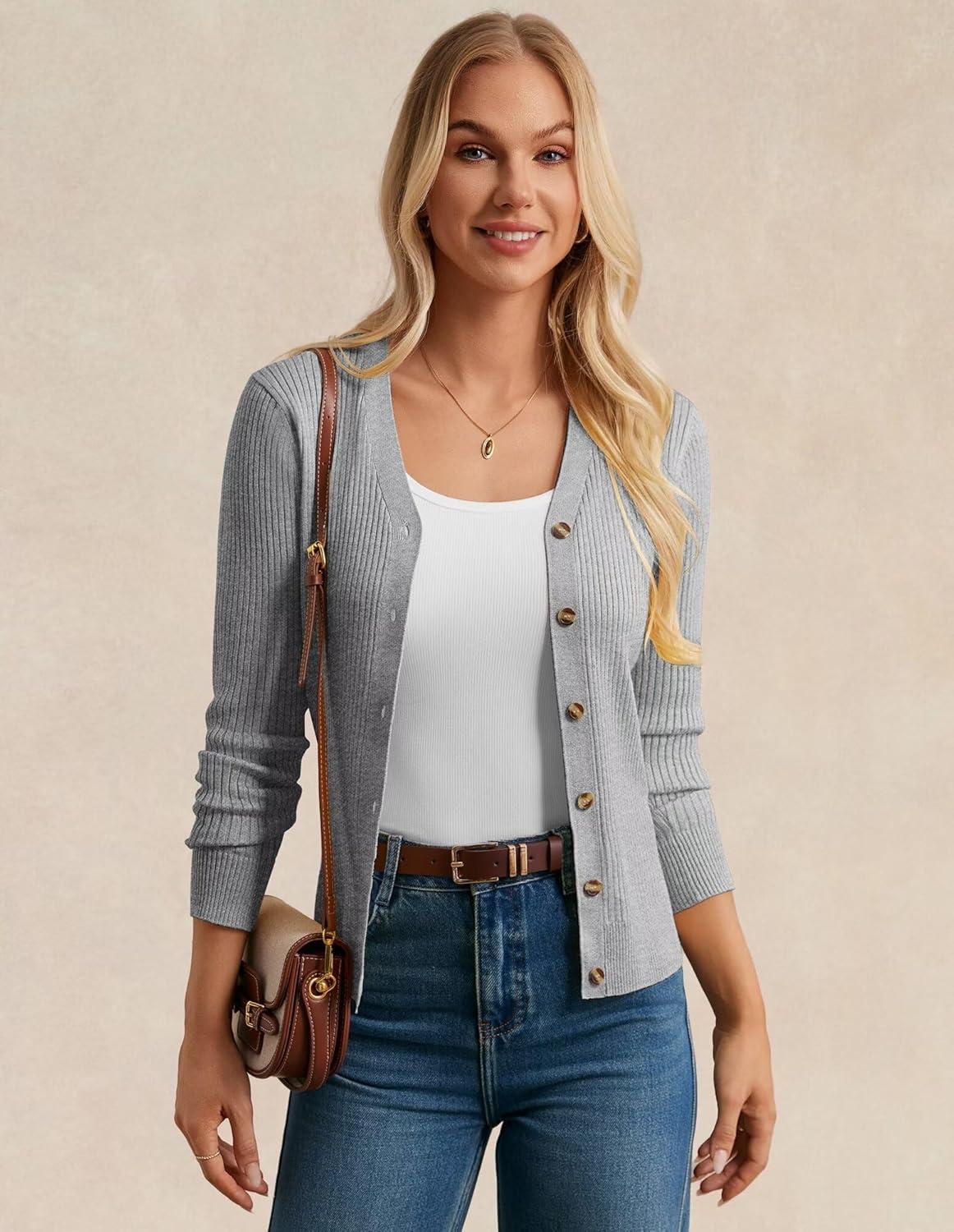 imageGRACE KARIN Womens Long Sleeve V Neck Button Up Cardigan Sweater Trendy Ribbed Knit Open Front Casual JacketFlower Grey
