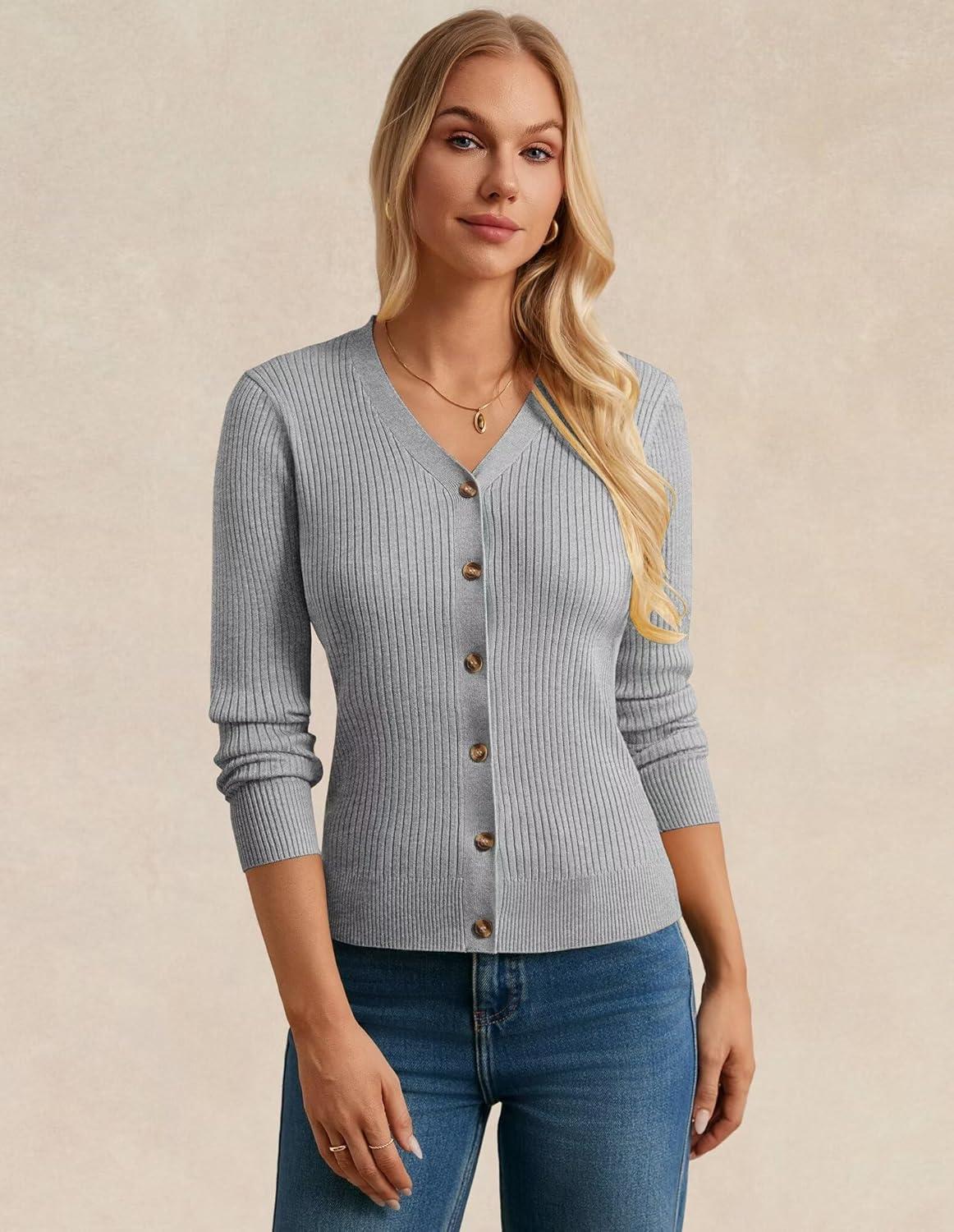 imageGRACE KARIN Womens Long Sleeve V Neck Button Up Cardigan Sweater Trendy Ribbed Knit Open Front Casual JacketFlower Grey